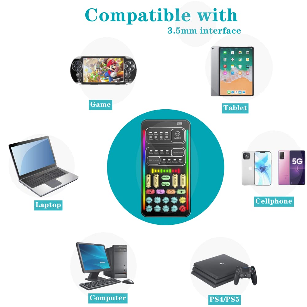 Portable Voice Changer, 2Rd Generation I9 Live Sound Card, Cool Lights Sound Board   Voice Disguiser/Modulator For Ps4/Ps5/Xbox