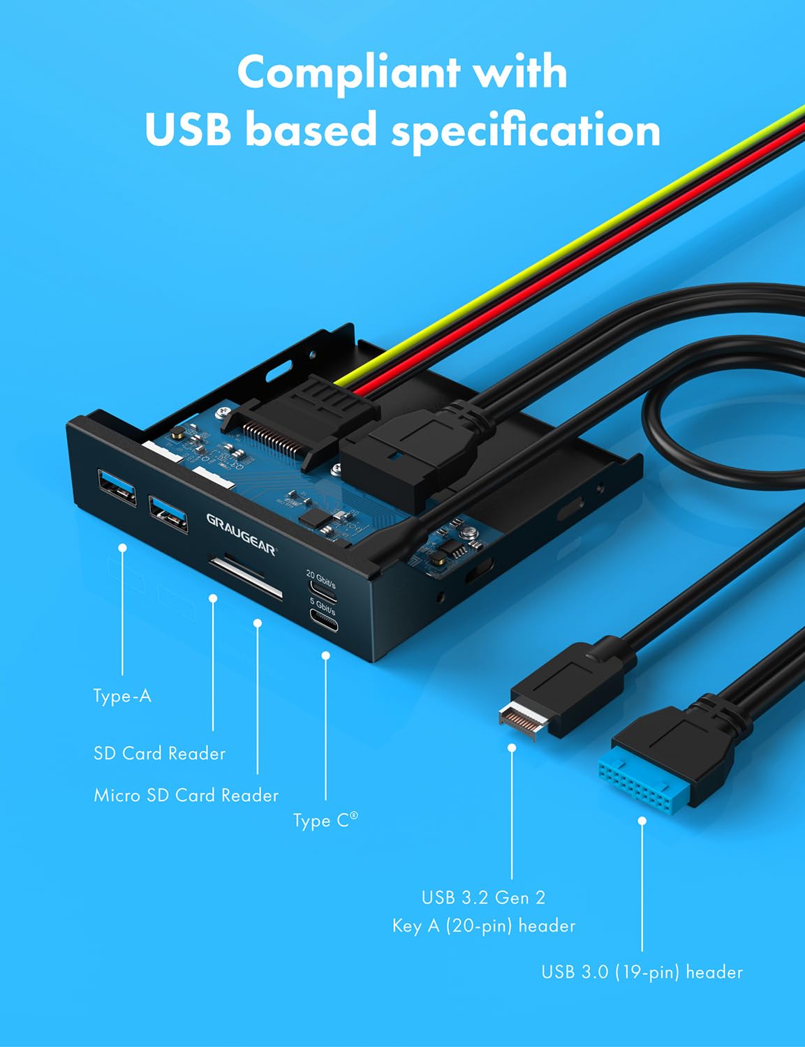 GRAUGEAR 3.5 Inch USB C Hub, 20Gbps USB 3.2 Gen 2x2, SD/microSD Reader, Black, Model G-MP01
