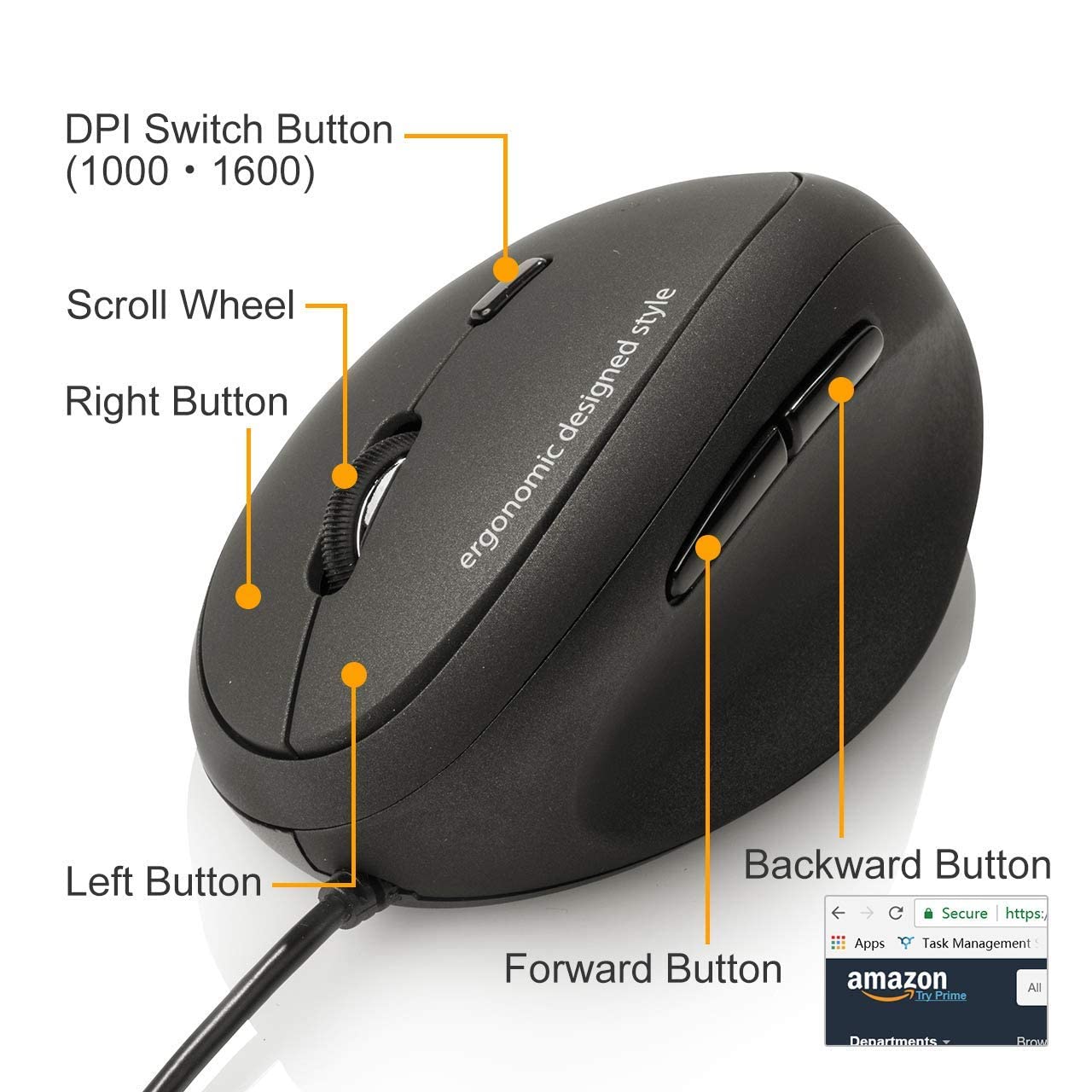 Sanwa Wired Ergonomic Mouse, Optical Vertical Mice, For Small Hands, Reduce Wrist Strain, 1000/1600 Dpi, 6 Buttons, Compatible W