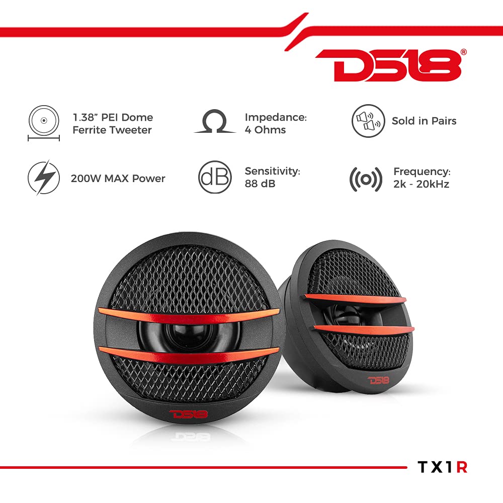 Ds18 Tx1R Tweeter X1 1.38-Inch 200 Watts Max Pei Dome Ferrite Tweeters With Mounting Kit Angle, Flush, & Surface - Set Of 2 (Bla