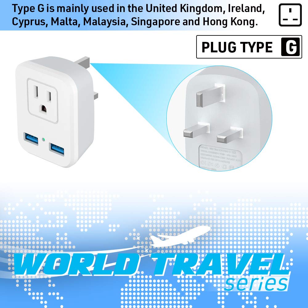 Type G Uk Power Plug Adapter, Travel Adapter For Us To British England, London, Ireland, Scotland, Ac Outlets With 2 Usb Chargin
