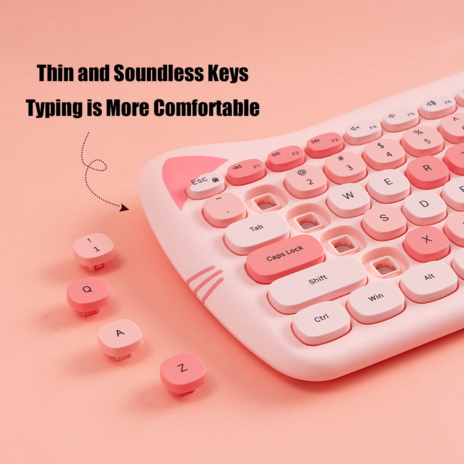 Cute Cat 2.4G Usb Wireless Keyboard And Mouse Combo, Silent Keys, Candy Colors, Compatible With Notebook, Pc (Pink 84Keys)