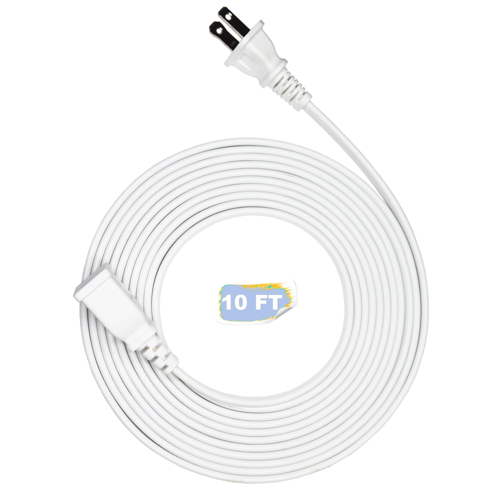 10Ft White Flat And Thin 2 Prong Long Extension Cord For Indoor/Outdoor Use With Single Outlet   Ideal For Holiday Lights, Lamps