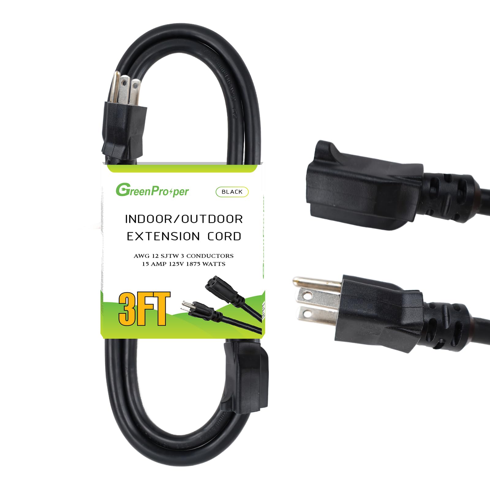 Greenprosper 3 Ft Outdoor Indoor 12 Gauge Extension Cord, 12/3 15 Amp Sjtw Heavy Duty Black Extension Cable With 3 Prong Grounde