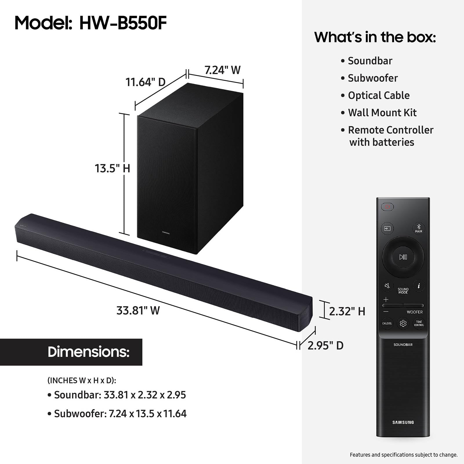 Samsung B-Series Soundbar Hw-B550F 2.1 Ch Dts Virtual:X Soundbar With Subwoofer (2025 Model) Voice Enhance Mode, Bass Boost, Ada