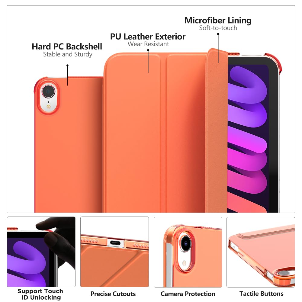 MoKo for iPad Mini 7 (A17 Pro) Case 2024,iPad Mini 6 Case 2021,8.3 inch iPad Mini 7th/6th Generation Case,Slim Lightweight Hard Back Shell Stand Cover for iPad Mini 2024 with Touch ID, Orange
