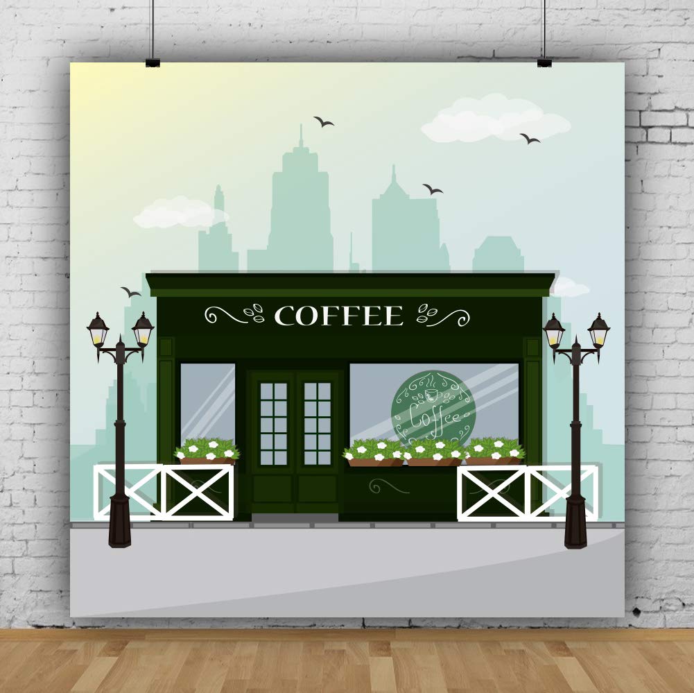 Csfoto 4X4Ft Cartoon Coffee Shop Backdrop For Party Birthday Backdrop For Kids Birthday Party Photography Background Coffee Back