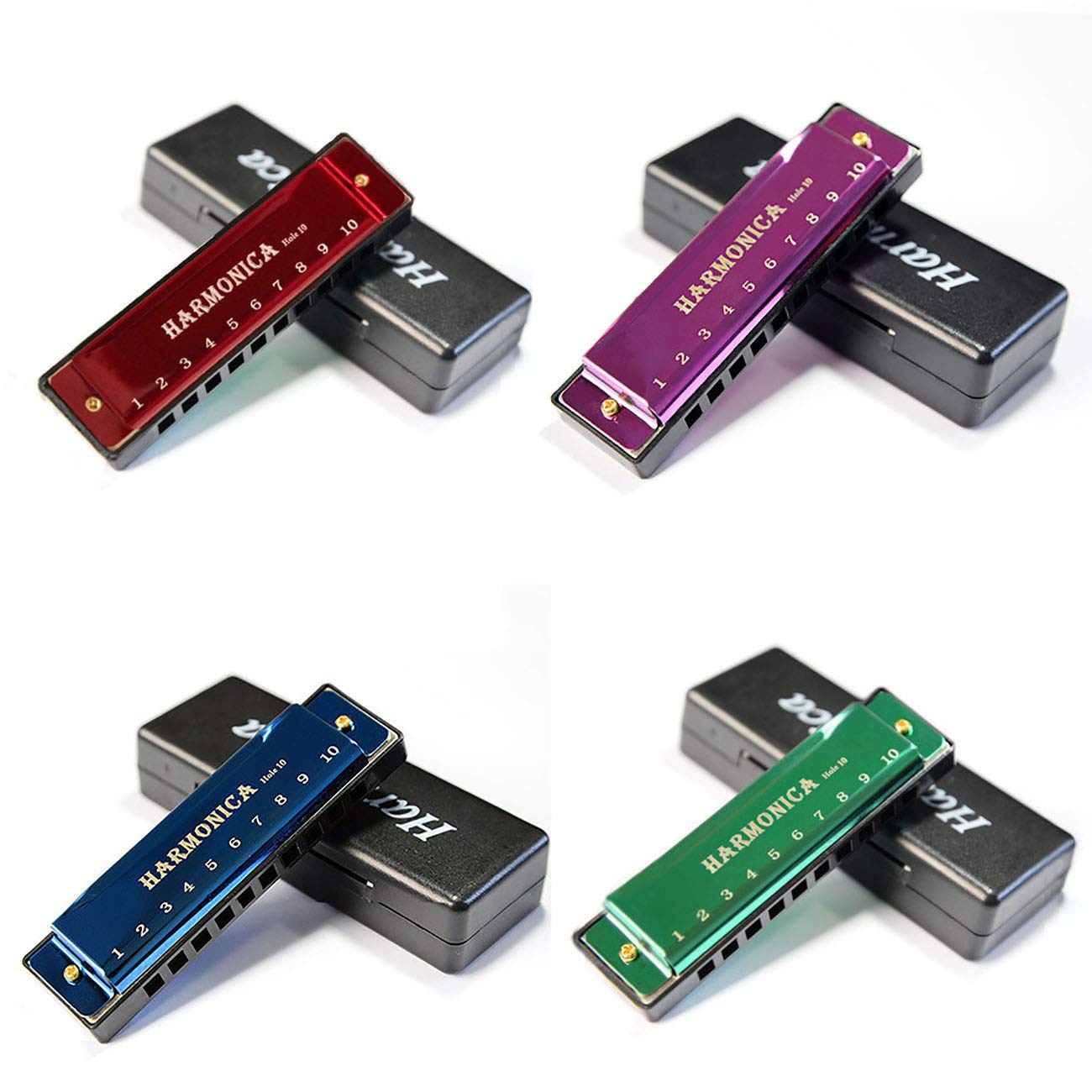 YOKSAS 4PCS Harmonicas Set C Key 10 Hole with Case Cleaning Cloth for Adults Beginner Students Kids(Green,Red,Blue,Purple)