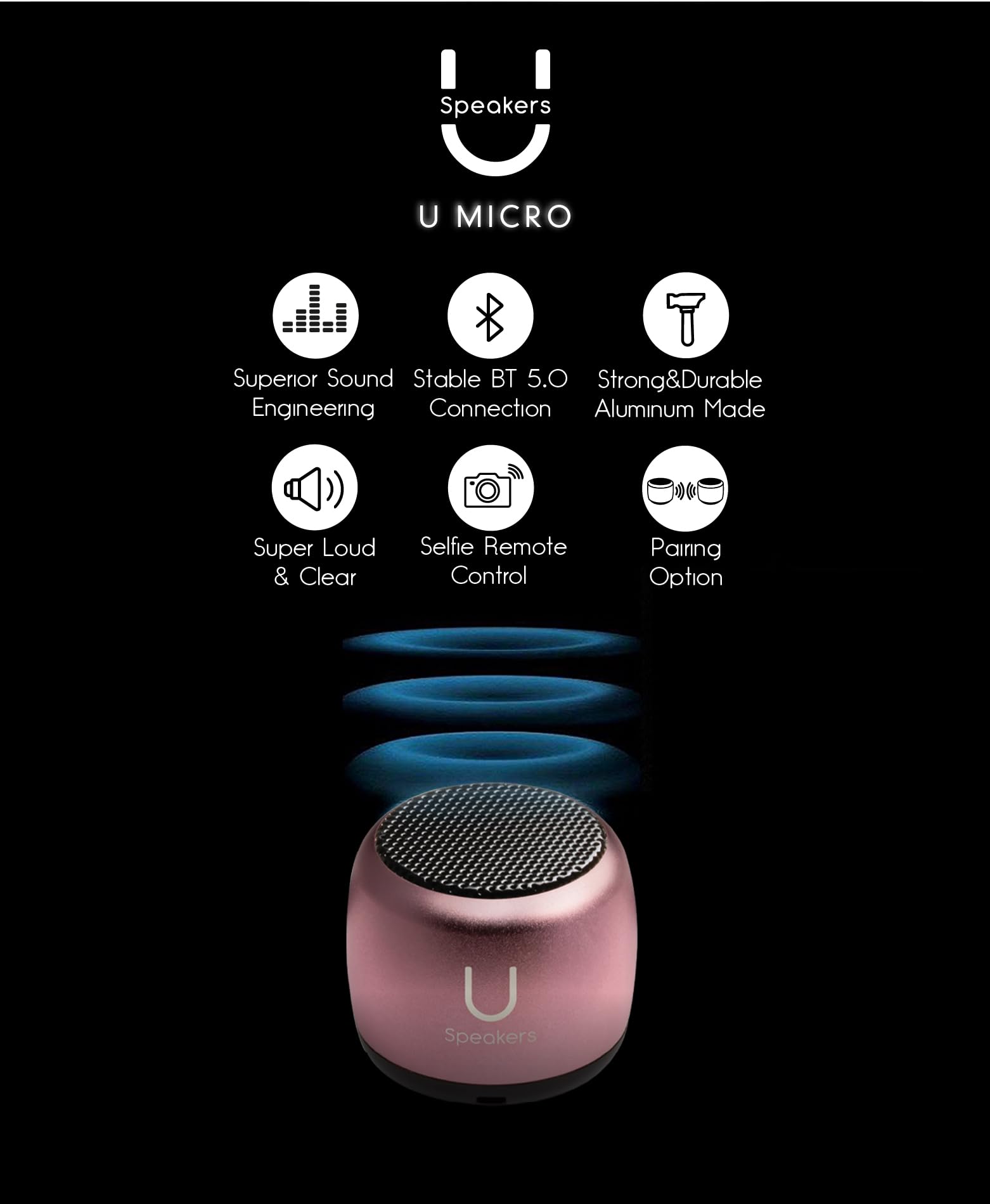 Fashionit U Micro Bluetooth Speaker | Coin-Sized Speakers Bluetooth Wireless With Built-In Mic & Remote Shutter | Portable Rich