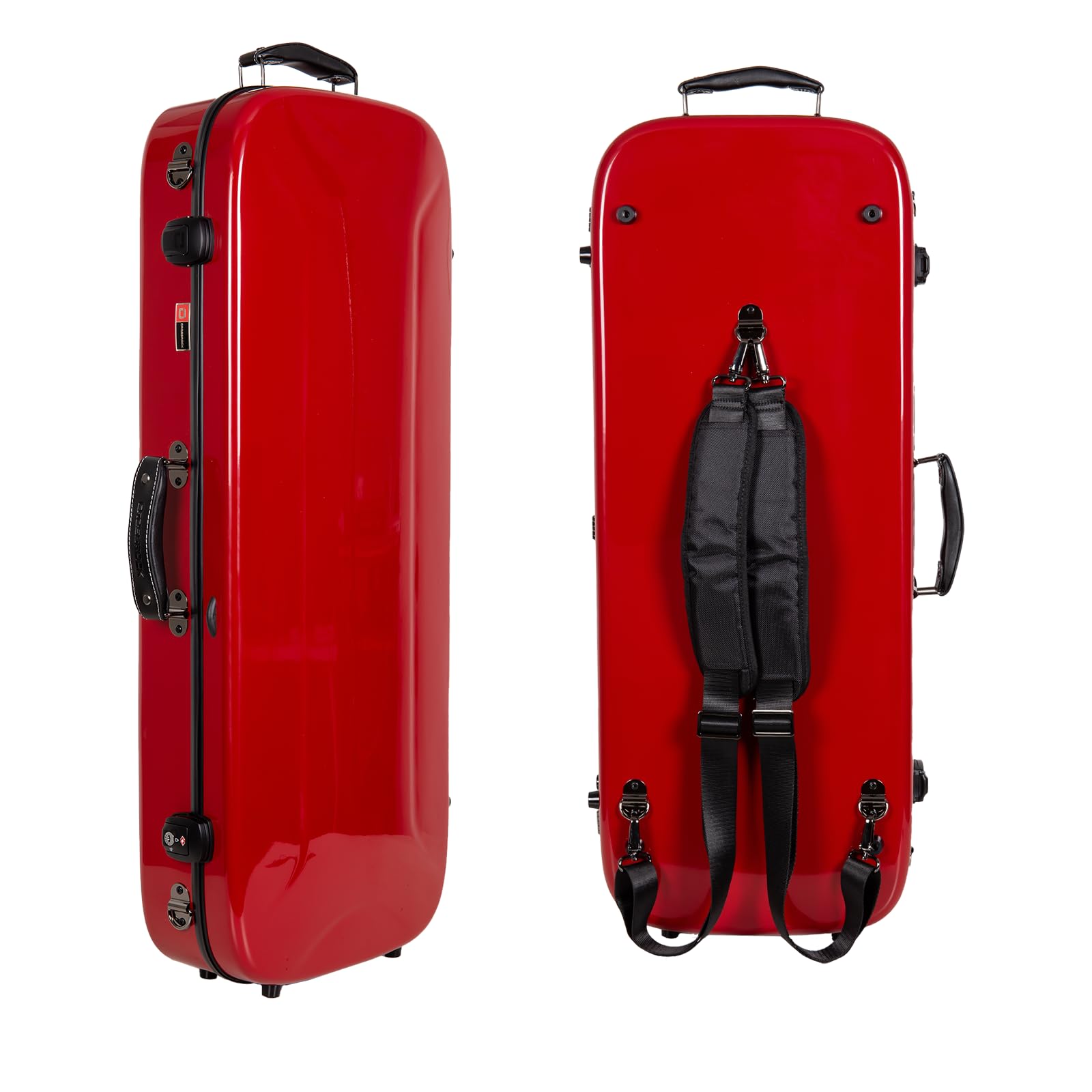 Crossrock Fiberglass Mandolin Case - Oblong For F-Style (Fits Gibson F5) | Red Gloss Finish, Forest Green Velvet, Tsa Lock, Hygr