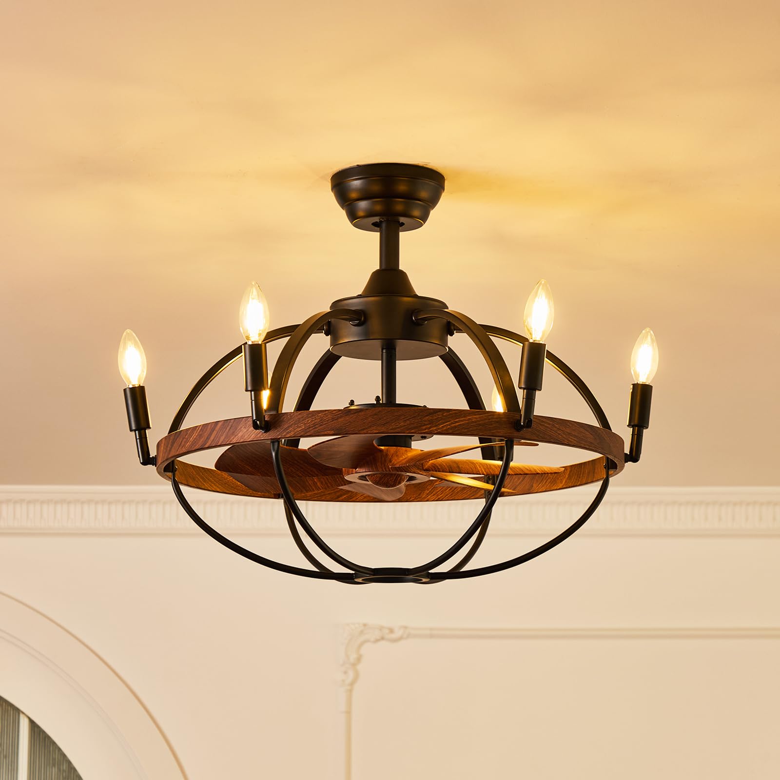 SAYTOP 27.6 Farmhouse Ceiling Fan with Light and Remote Control, Vintage Cage Candle Chandelier Fans Rustic Enclosed Bladeless F