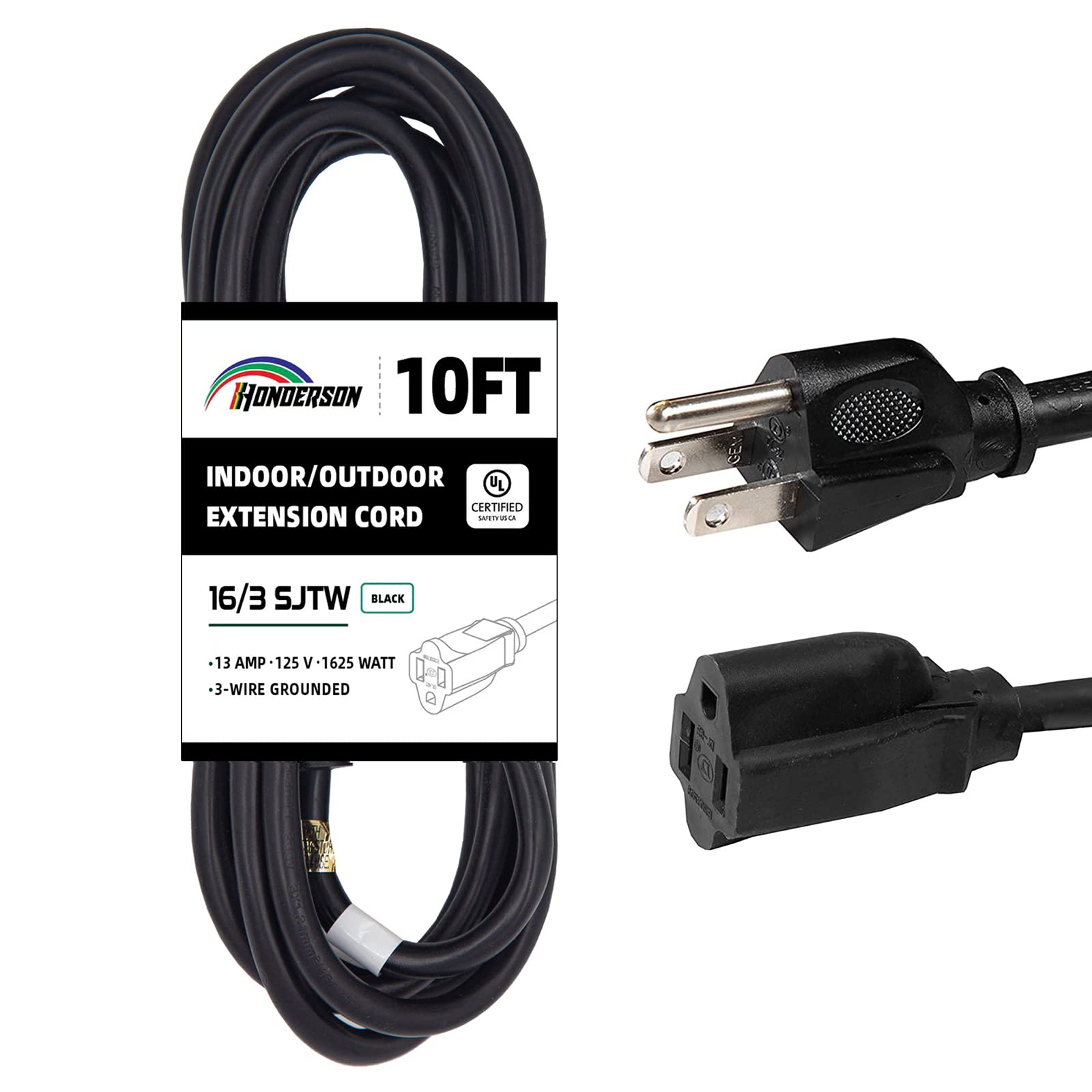 HONDERSON 10FT Outdoor Extension Cord-16/3 SJTW Durable Black Extension Cord for Christmas Lights with 3 Prong Grounded Plug for