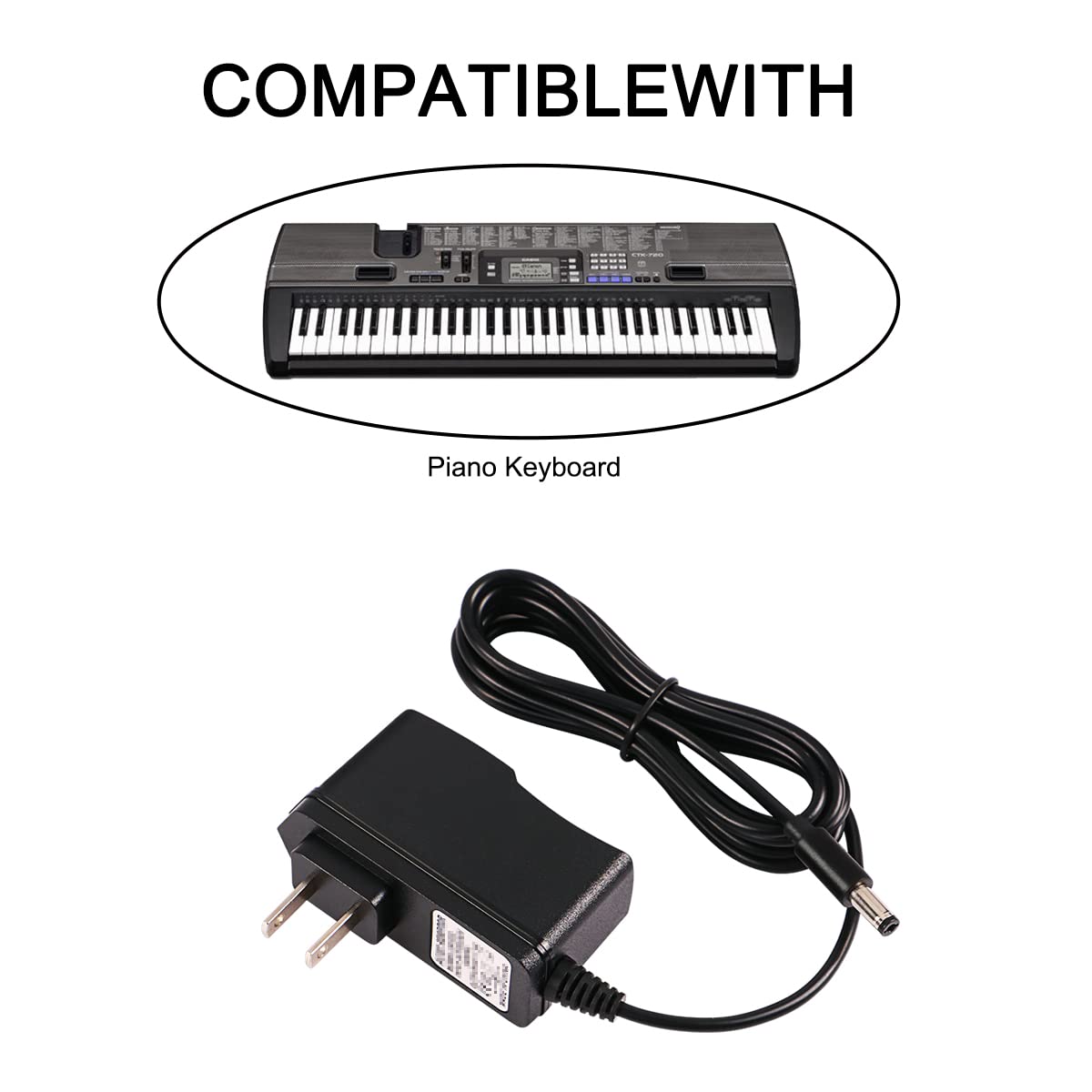 9.5V 1A Ac/Dc Power Supply Adapter For Casio Piano Keyboard Ade95100Lu/B Sa 46 Sa 47 Sa76 Sa 77 Sa 78 Ctk 2080 Ctk 2550 Ctk 3200 Ctk 3500 Lk 265 Lk 280 Ct X700 Ct X800 Ct S300 Charger Cable (6 Ft)