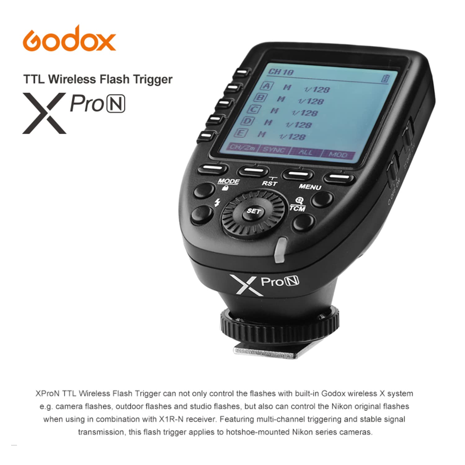 Godox Xpro N Ttl Wireless Flash Trigger For Nikon, Support 1/8000S Hss, 5 Dedicated Groups Buttons, Large Dot Matrix Lcd Display