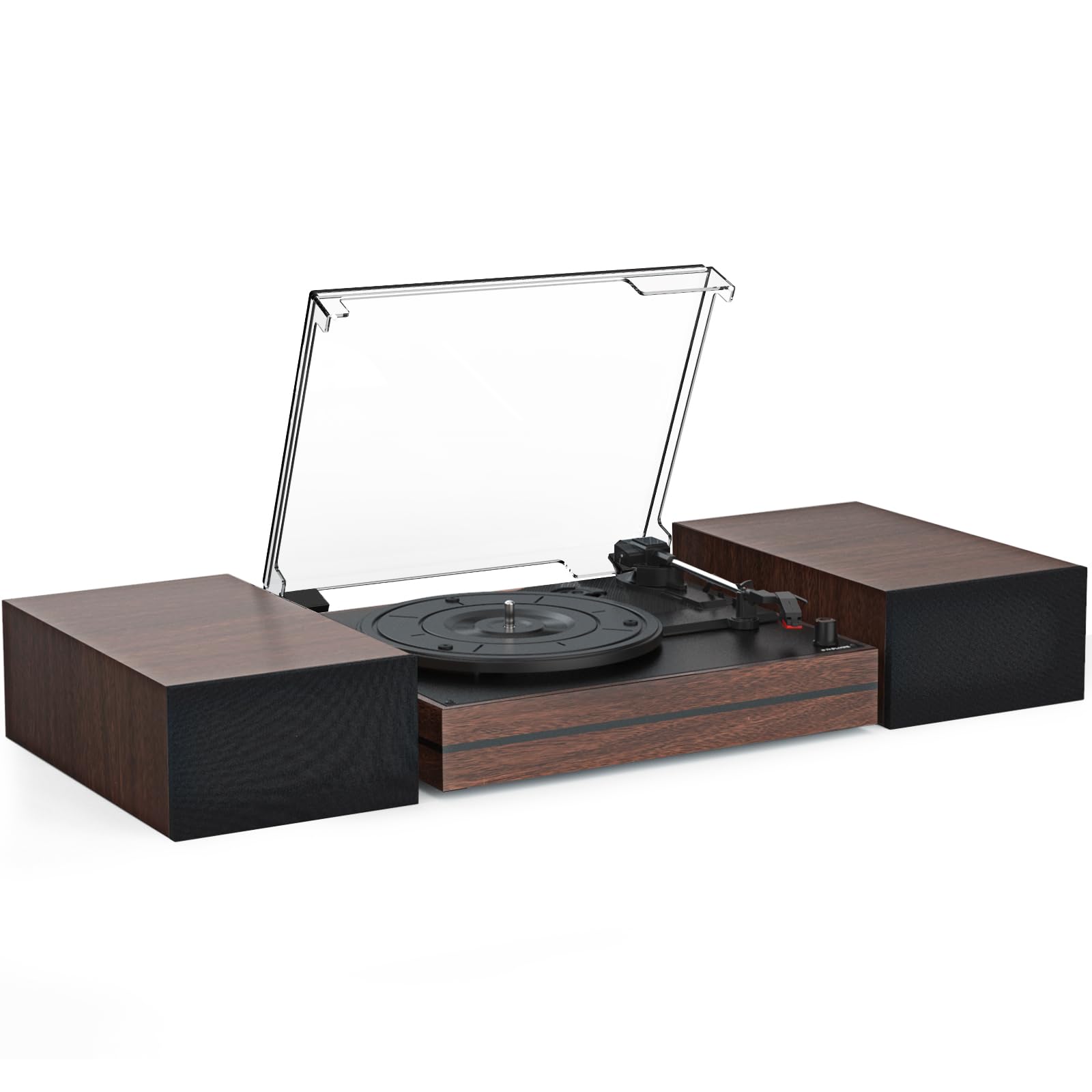 WOCKODER Vintage Record Player - Wood Brown Belt-Drive Turntable with Dual Stereo Speakers, 3 Speed, Wireless AUX, Auto Stop