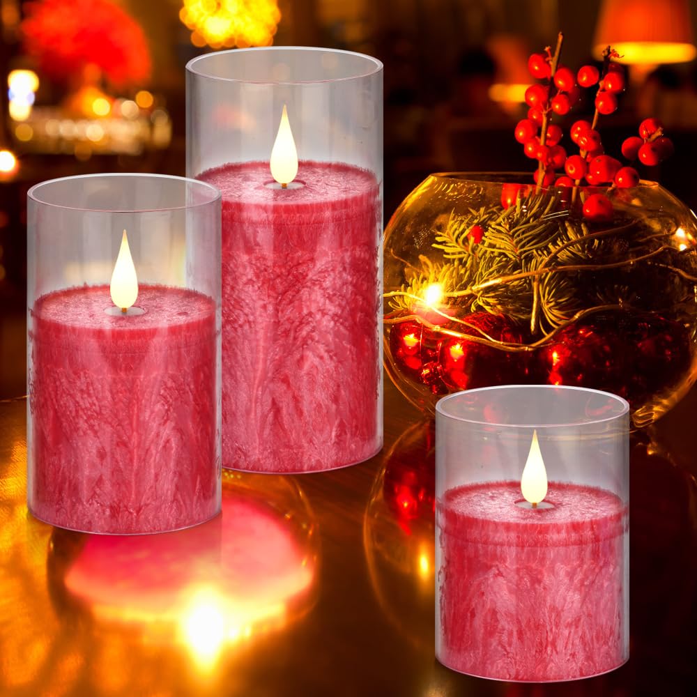 Flameless Flickering Remote Control Candle, Glass Pillar Candle,3 Pack (D:3''?H:4'' 5'' 6'') Led 3D Flame Romantic Candle,Batter