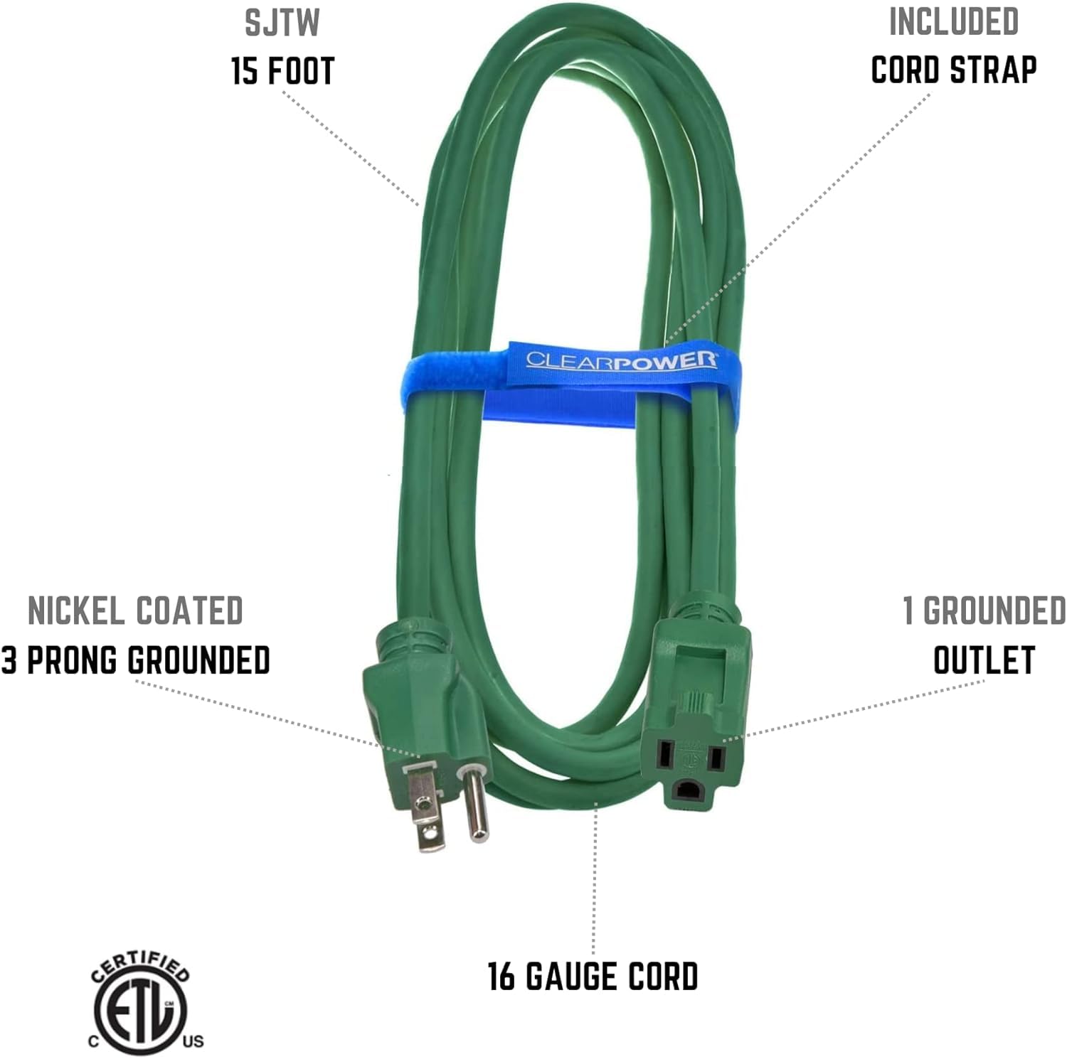 Clear Power Outdoor Extension Cord   15 Ft, Green | Lawn & Garden, 16/3 Sjtw, 3 Outlet, Water & Weather Resistant, Flame Retarda