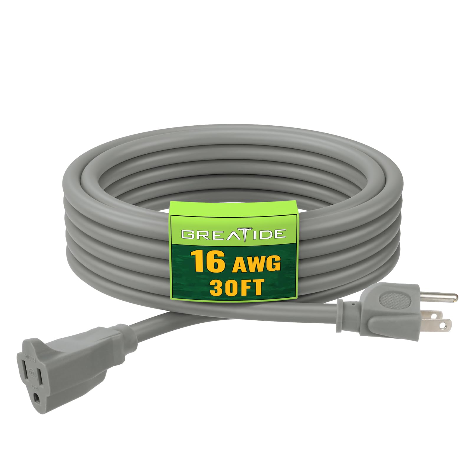 Greatide Indoor Outdoor Extension Cord 30 Ft, 16/3 Sjtw Weatherproof Grey Electrical Cords, 13 Amp Heavy Duty 3 Prong Power Cabl