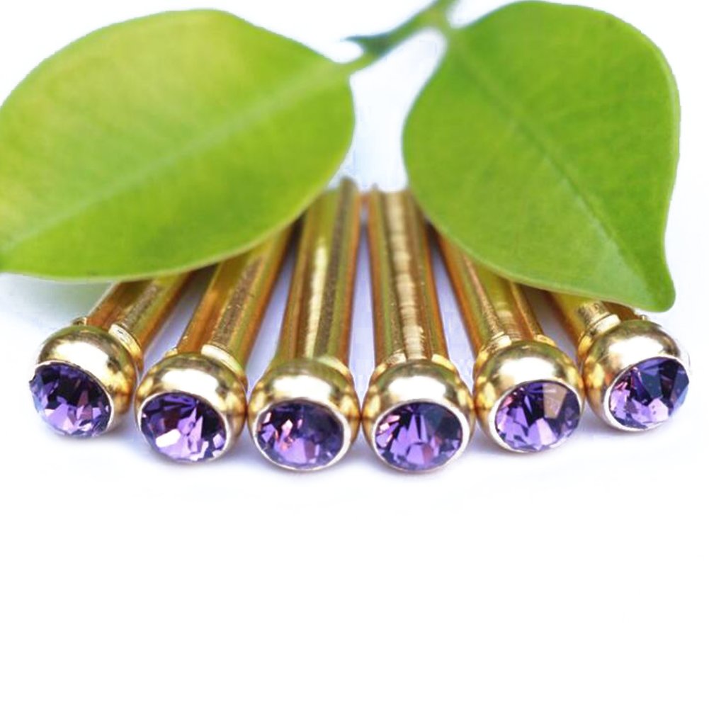 6Pcs Bridge Pin Copper Material Folk Acoustic Guitar Bridge Pin Peg Nail With Colorful Crystal Glass Dot(Purple)