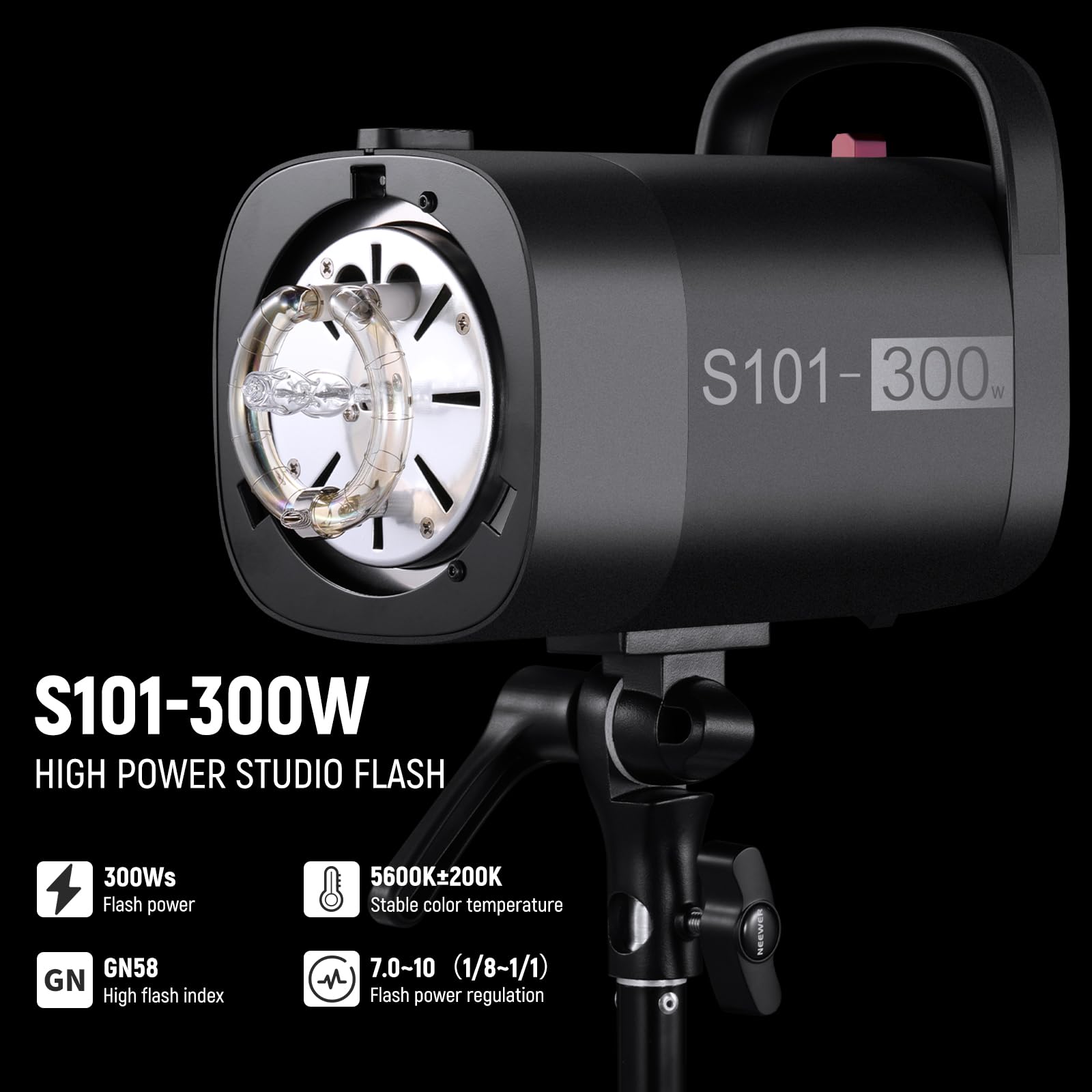 Neewer S101 300W Strobe Flash Light With 9 Levels 150W Modeling Lamp, 300Ws Gn58 5600K With Standard Bowens Mount Reflector, S1/