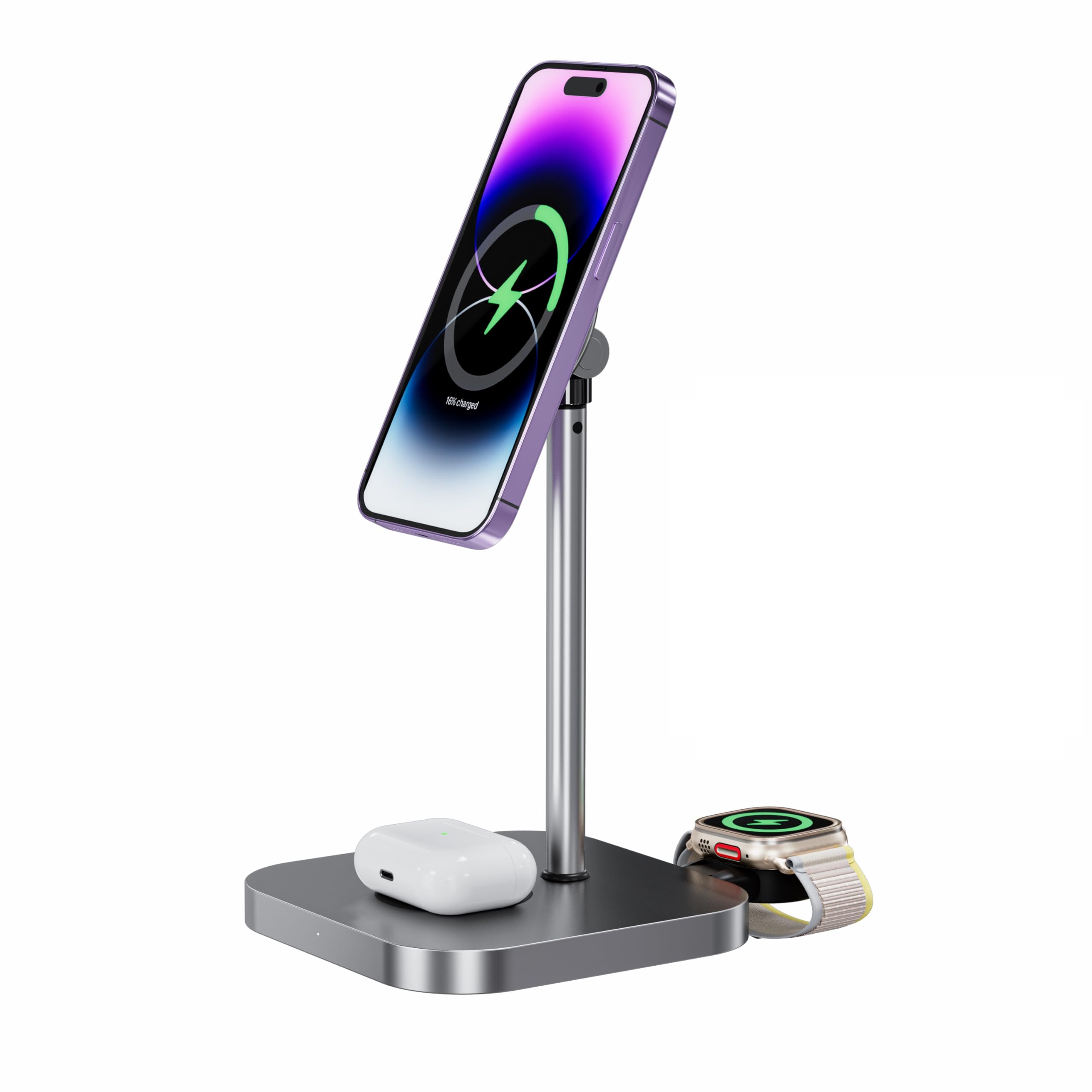 INVZI MagFree 3-in-1 Wireless Charger Stand Compatible for MagSafe [Apple MFM Certified],15W Wireless Charging for iPhone15/14/1