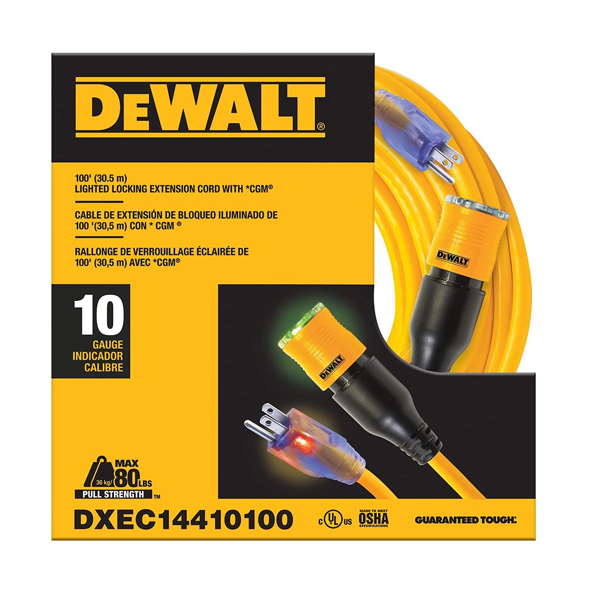Dewalt 100 Foot Extension Cordlighted Click To Lock 10/3 Sjtw  Heavy Duty Outdoor, Waterproof, Weatherproof, Heat & Corrosion Re