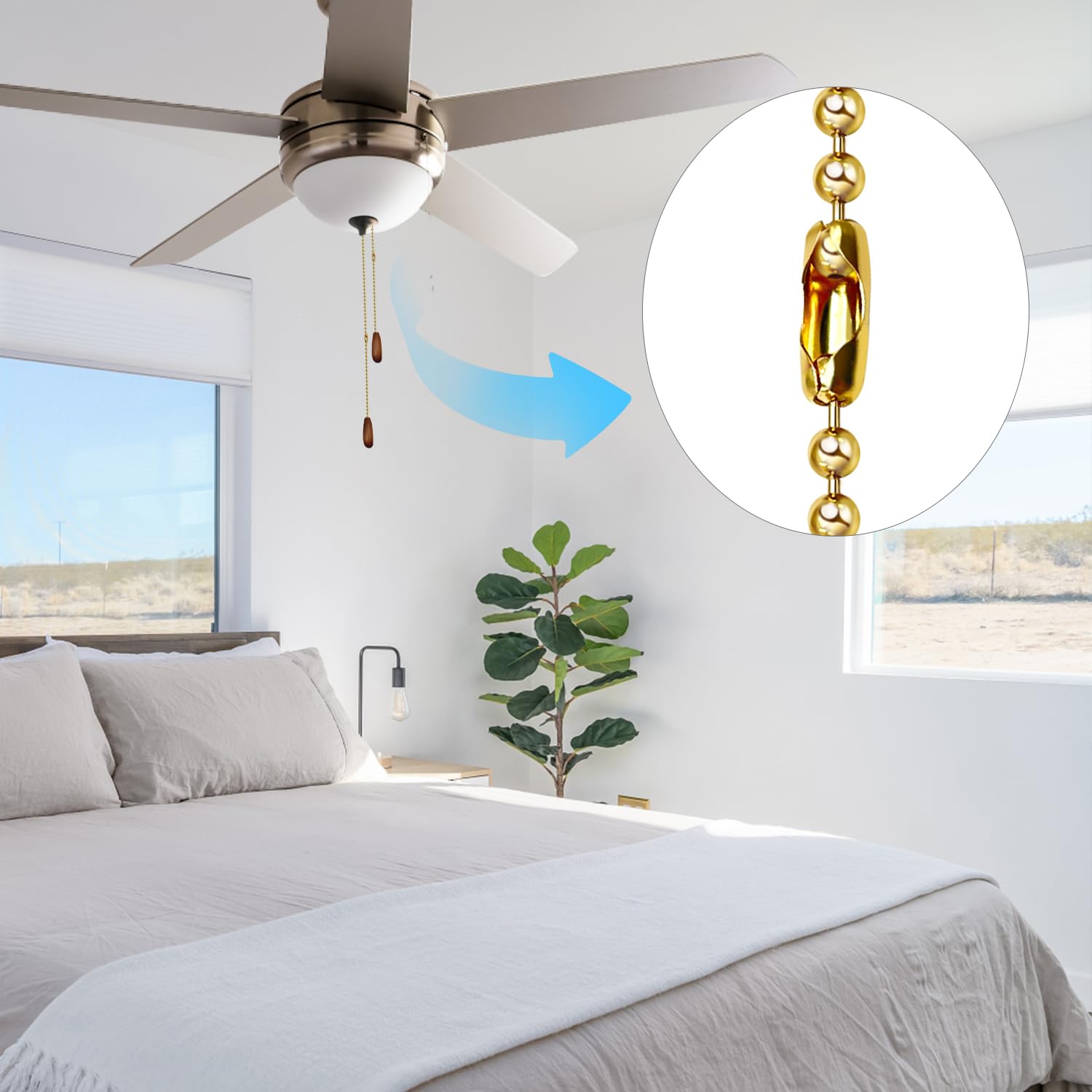 Ceiling Fan Pull Chain Extender, 12Feet 3Mm Diameter Beaded Ball Fan Light Extension Pull Chain With 10 Matching Connectors(Gold