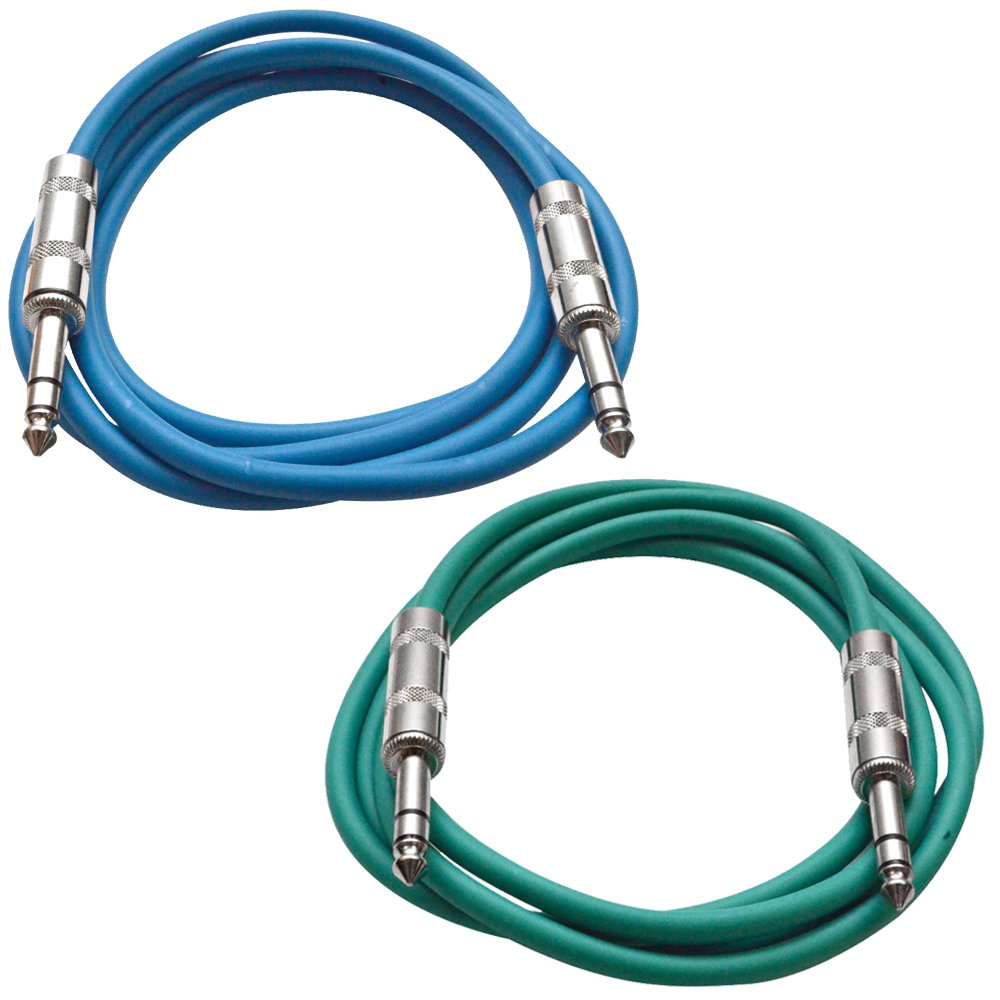 Seismic Audio - Satrx-3-2 Pack Of 3' 1/4'' Trs Male To 1/4'' Trs Male Patch Cables - Balanced - 3 Foot Patch Cord - Blue And Gre