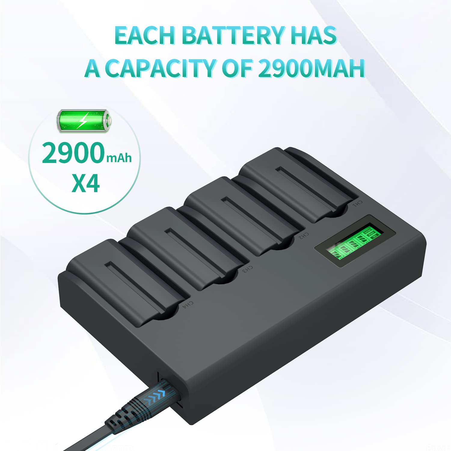 Np F550 Battery Charger Pack, Lp 4 Pack Battery & Quadruple Slot Charger, Compatible With Sony Np F970, F960, F770, F750, F570,