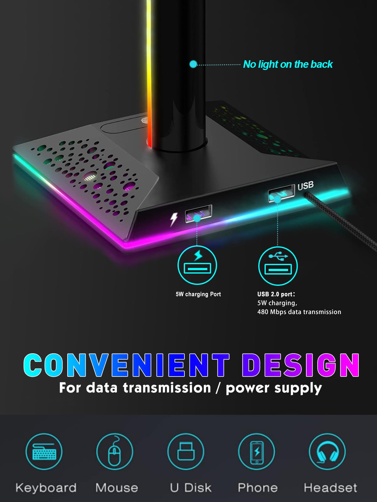 V Vcom Rgb Gaming Headphones Stand With 2 Usb Ports Headset Stand With 10 Light Modes And Non Slip Rubber, Suitable For All Earp
