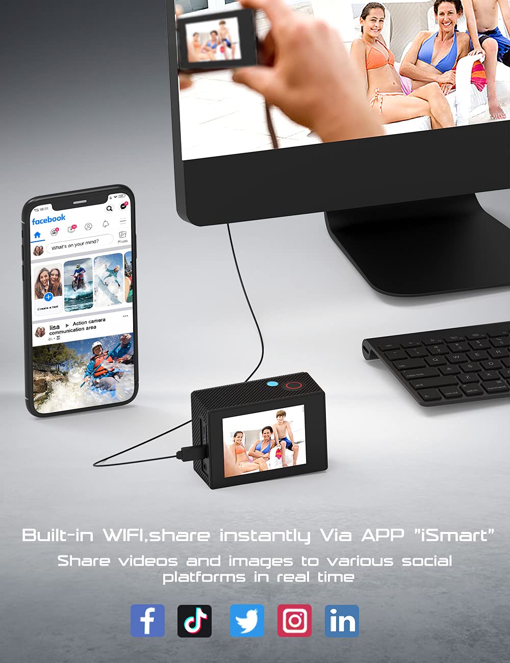 Apexcam 4K 60Fps Action Camera Eis Stabilization 20Mp Sports Cam 40M Waterproof Underwater Camera 8X Zoom Support External Mic W