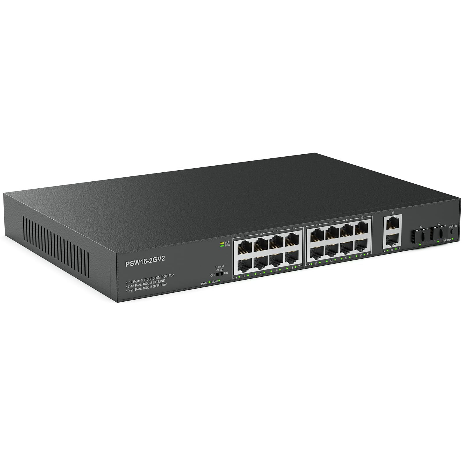 Real Hd 16 Port Full Gigabit Poe Switch With 2 Gigabit Uplink Sfp Ports, Unmanaged Plug And Play, High Power Total Budget 300W,