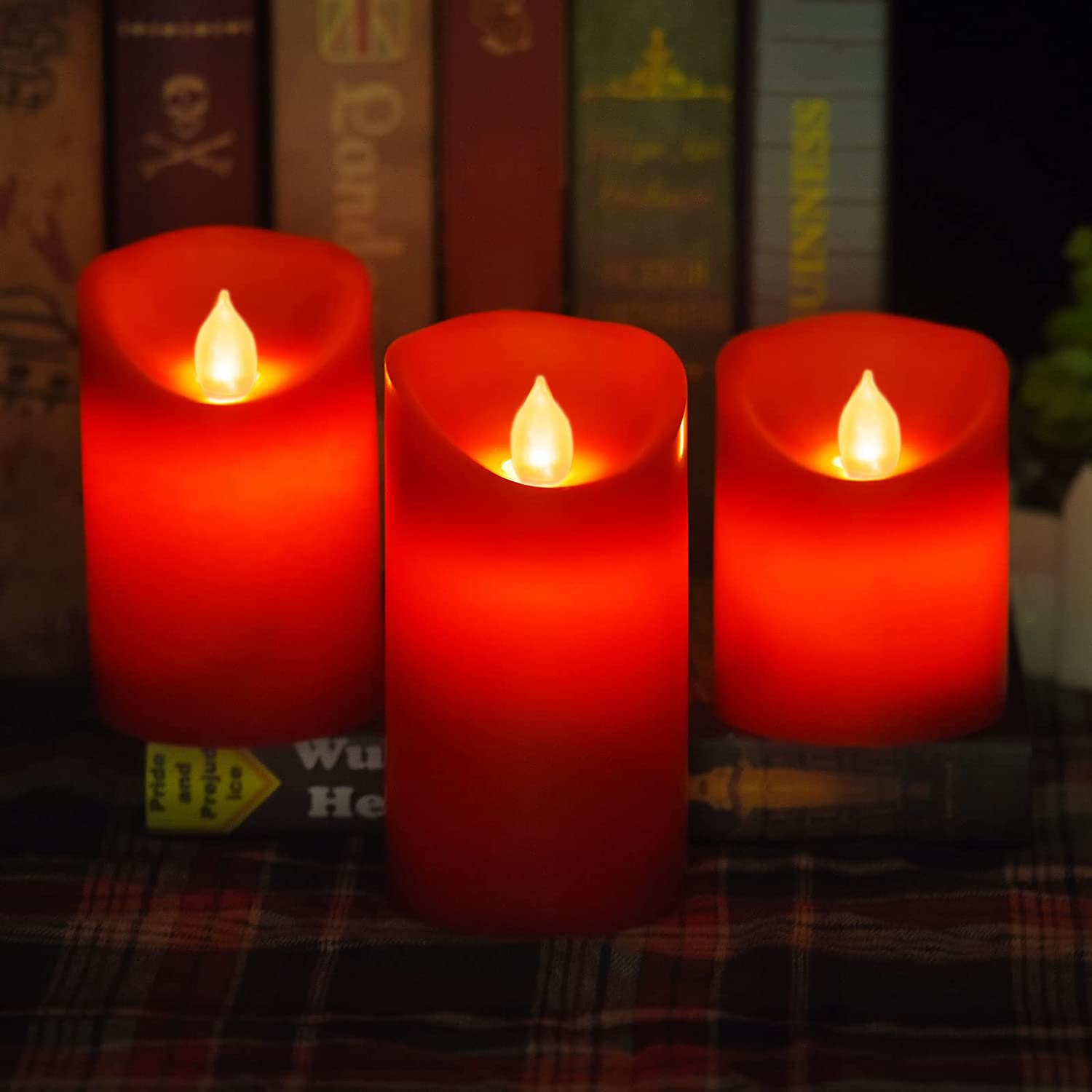 Flameless Battery Operated Flickering Candles:3Pack Red Real Wax Pillar Candle,Electric Led Candle With 10 Key Remote Control An