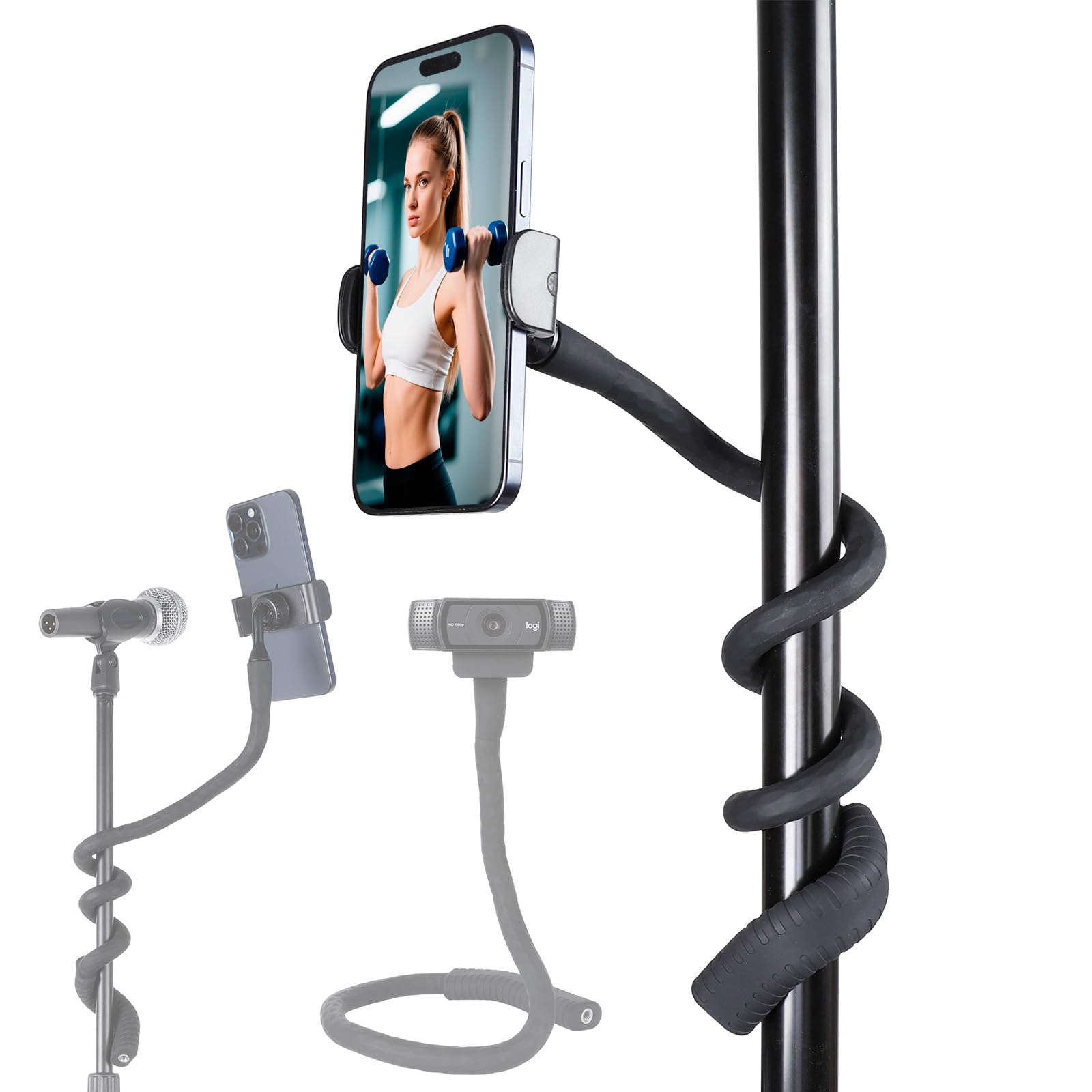 Fpn Portable Flexible Phone Holder With Handle For Treadmill, Spin Bike, Stroller, Tripod, Shopping Cart, Desk, Logitech Webcam,