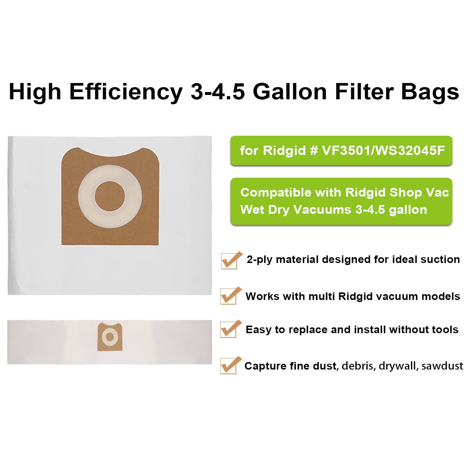 2 Pack Vf3500 Filter Replacement For Ridgid Portable Vac 3-4.5 Gallon Wet Dry Vacuums + 4 Pack Vf3501 Filter Bags (6 Pack)