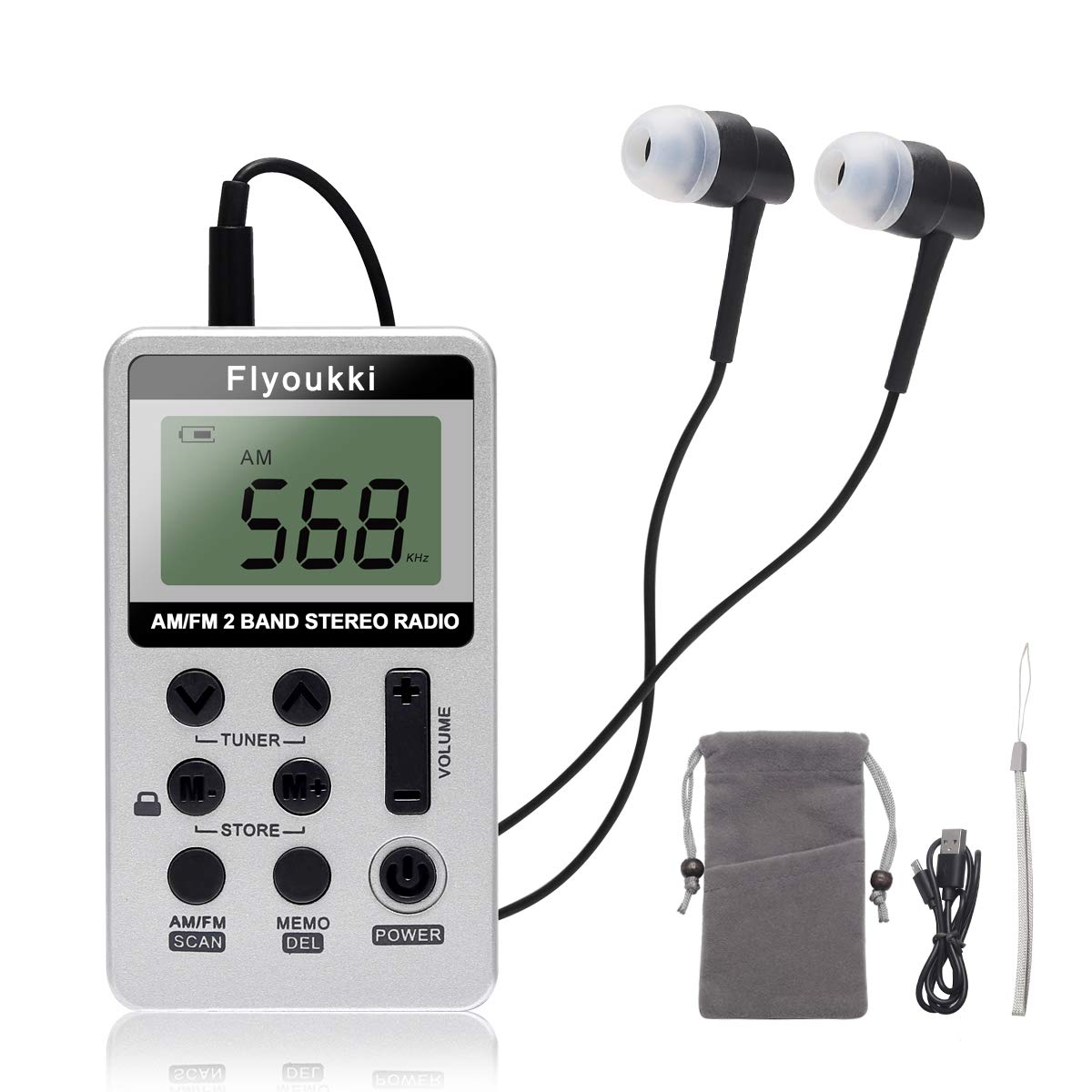Pocket Small Radio By Flyoukki, Personal Mini Am Fm Portable Digital Tuning Transistor Radios With Best Reception, Earphones, Lanyard And Rechargeable Battery For Walking Jogging Exercising (Silver)