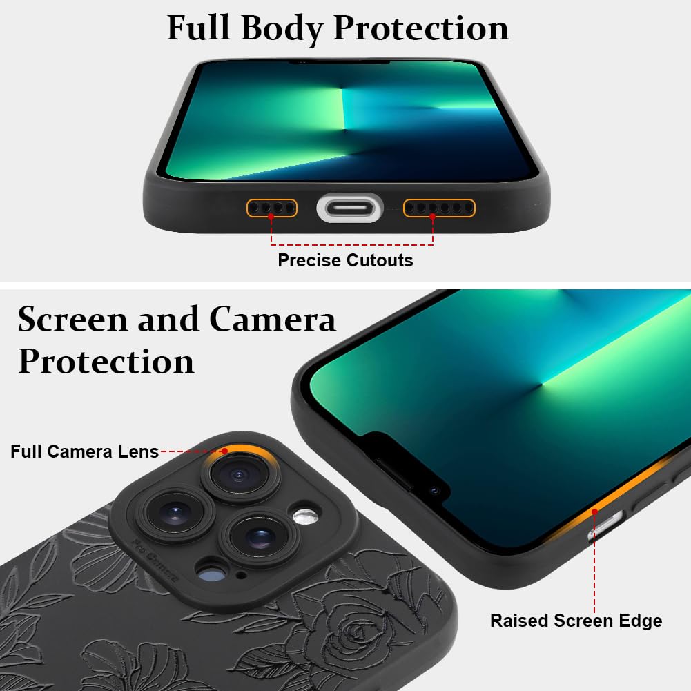 Lsl Case For Iphone 13 Pro Black Floral Flower Pattern Print Case Soft Tpu Full Camera Lens Anti Drop Anti Scratch Shockproof Pr