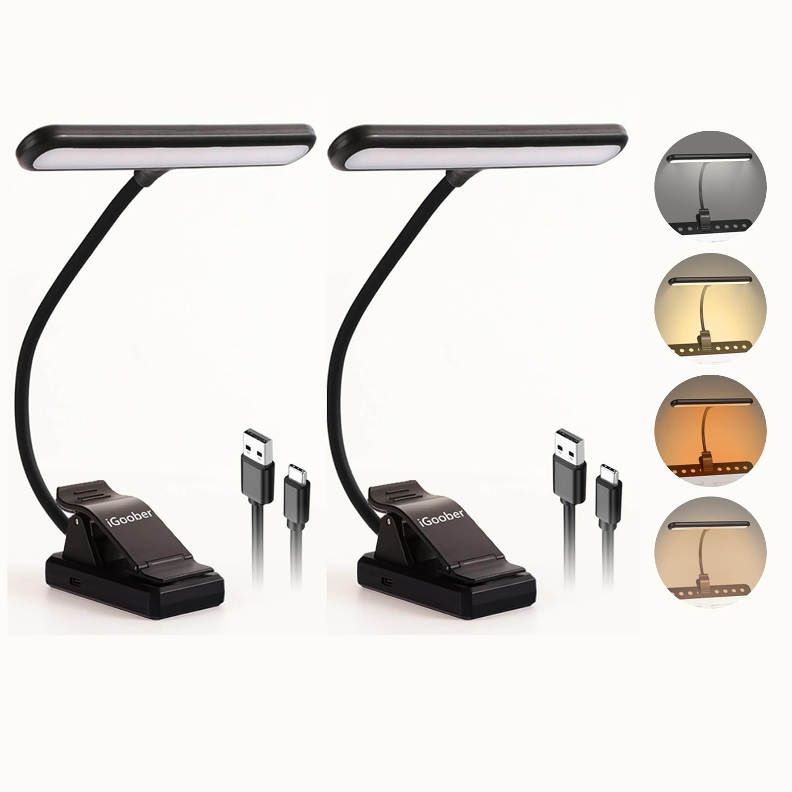 Igoober 2 Pack 28 Led Music Stand Lights, Eye Caring Clip On Piano Light, Blue Light Blocking, Usb C Rechargeable, 4 Color X 3 B