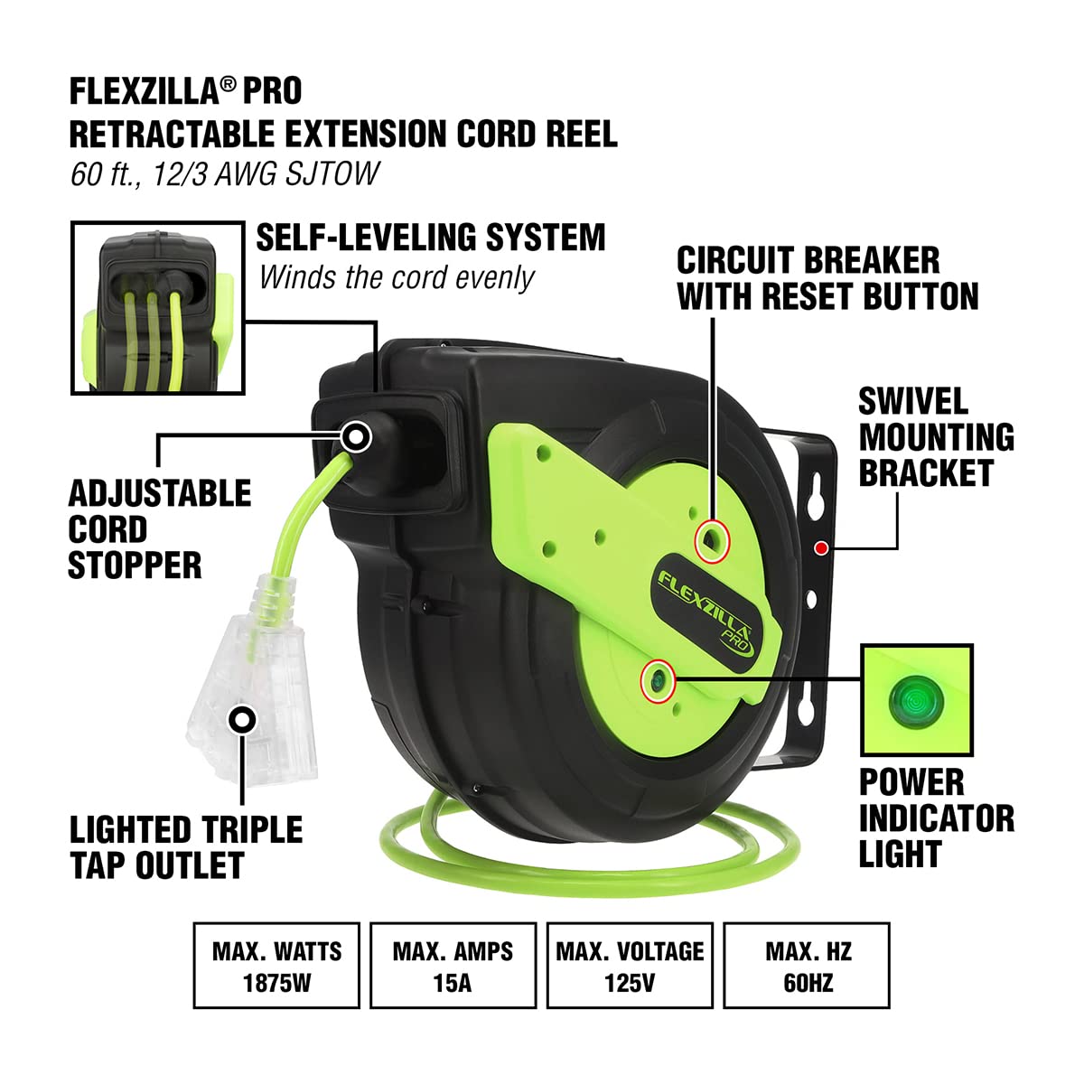 Flexzilla Retractable Extension Cord Reel, 12/3 Awg Sjtow Cord, 60', Grounded Triple Tap Outlet, Zillagreen, Fz8120603