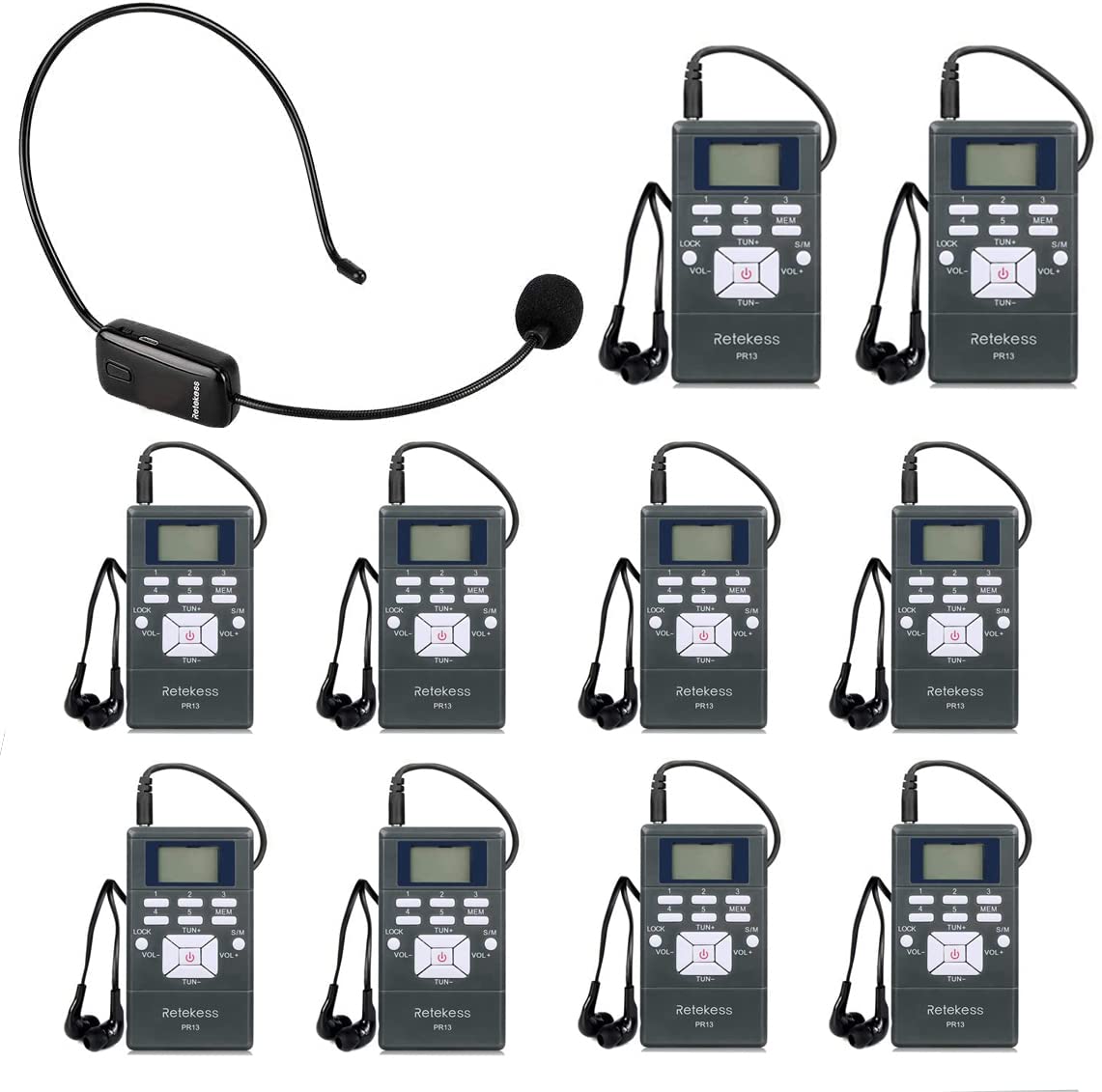 Retekess Church Translation System with 1 TR503 FM Transmitter Headset and 10 PR13 FM Radio Receivers, Listening System for Fact