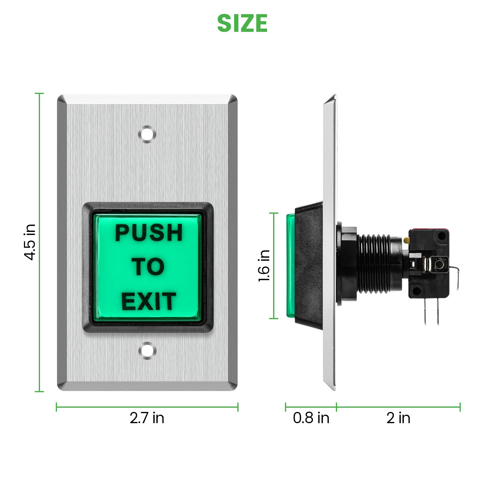 Push To Exit Button, Briidea Indoor Green Square Request To Exit Button With Green Led Square, Made Of Stainless Steel, Sturdy &