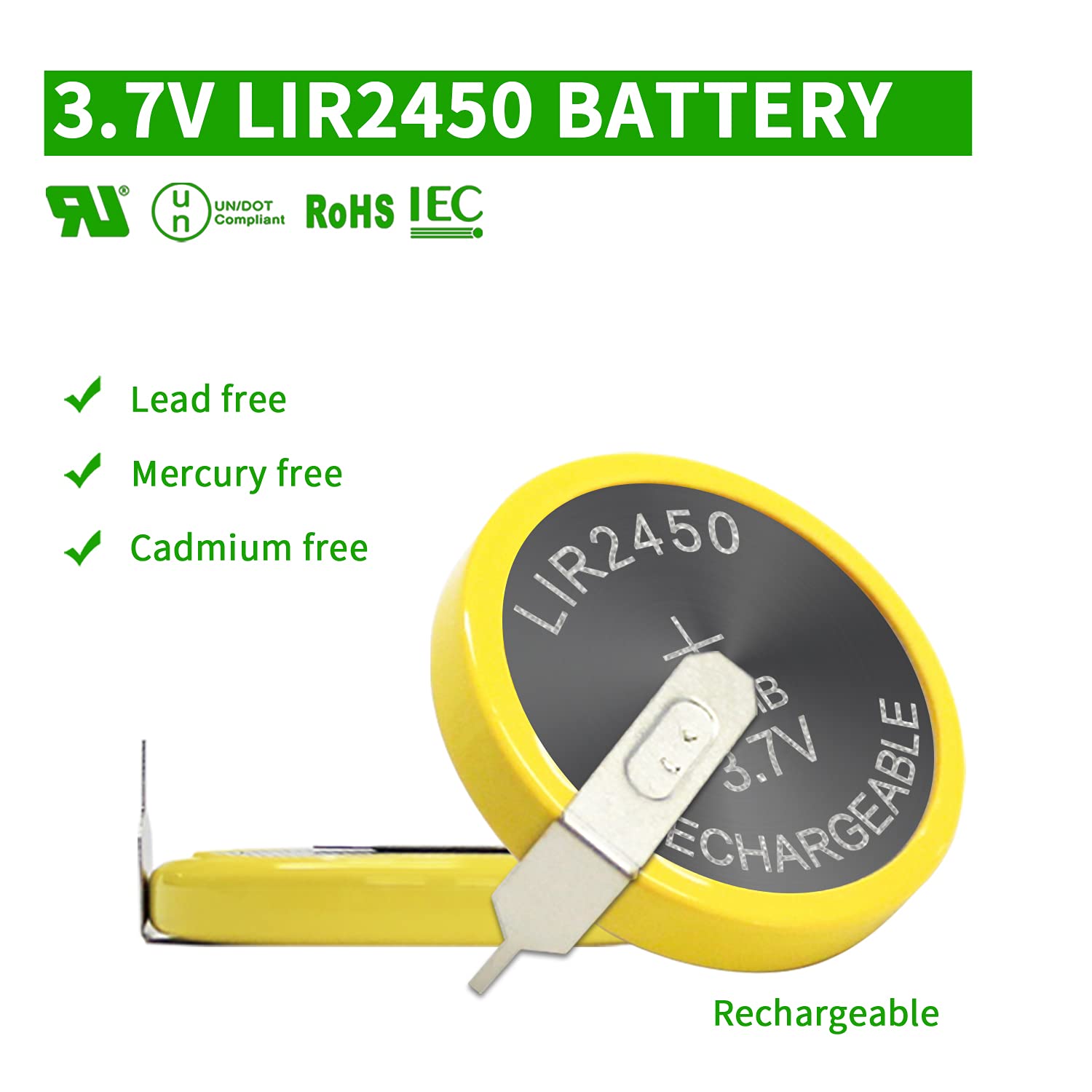 Eemb 5Pcs Lir2450 Rechargeable Battery 120Mah 3.7V Lithium-Ion Coin Button Cell Batteries With Solder Tabs