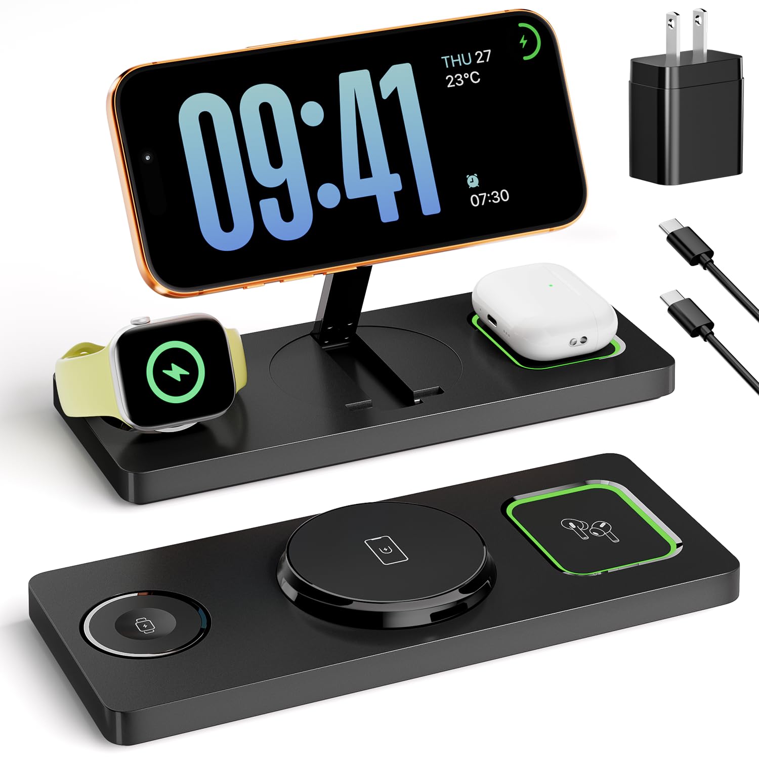 Foldable 3 in 1 Charging Station for Magsafe, Magnetic Phone and Watch Charger Stand for Apple Devices, Wireless Desk Charger Do