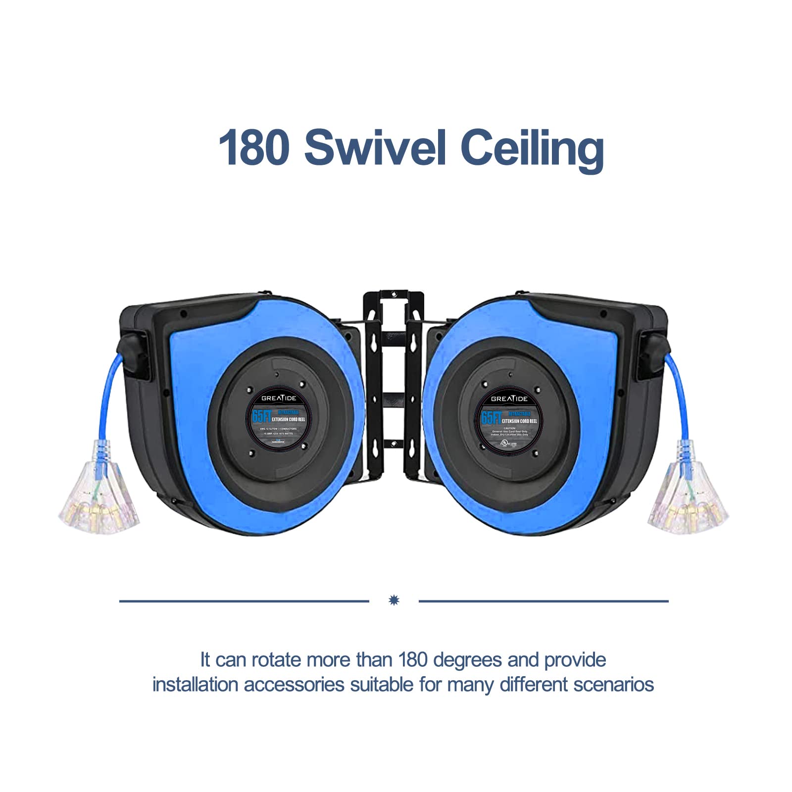 Greatide Retractable Extension Cord Reel, 65 Feet 12 Awg/3C Sjtow Heavy Duty Power Cord,15 Amp Circuit Breaker, 3 Lighted Triple