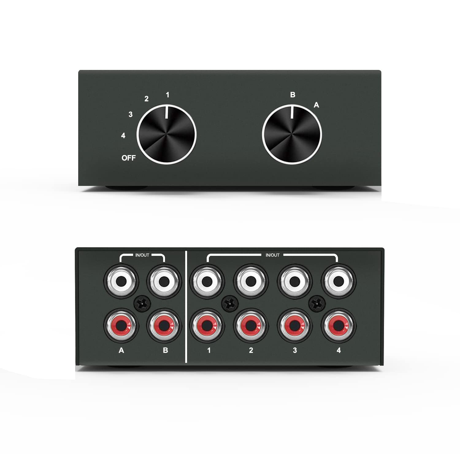 4 Way Stereo Audio Selector, Bi Directional L/R Stereo Audio Switcher Splitter Box Suitable For Connecting Blu Ray Players Or Dvd Players To Multiple Stereo Speakers
