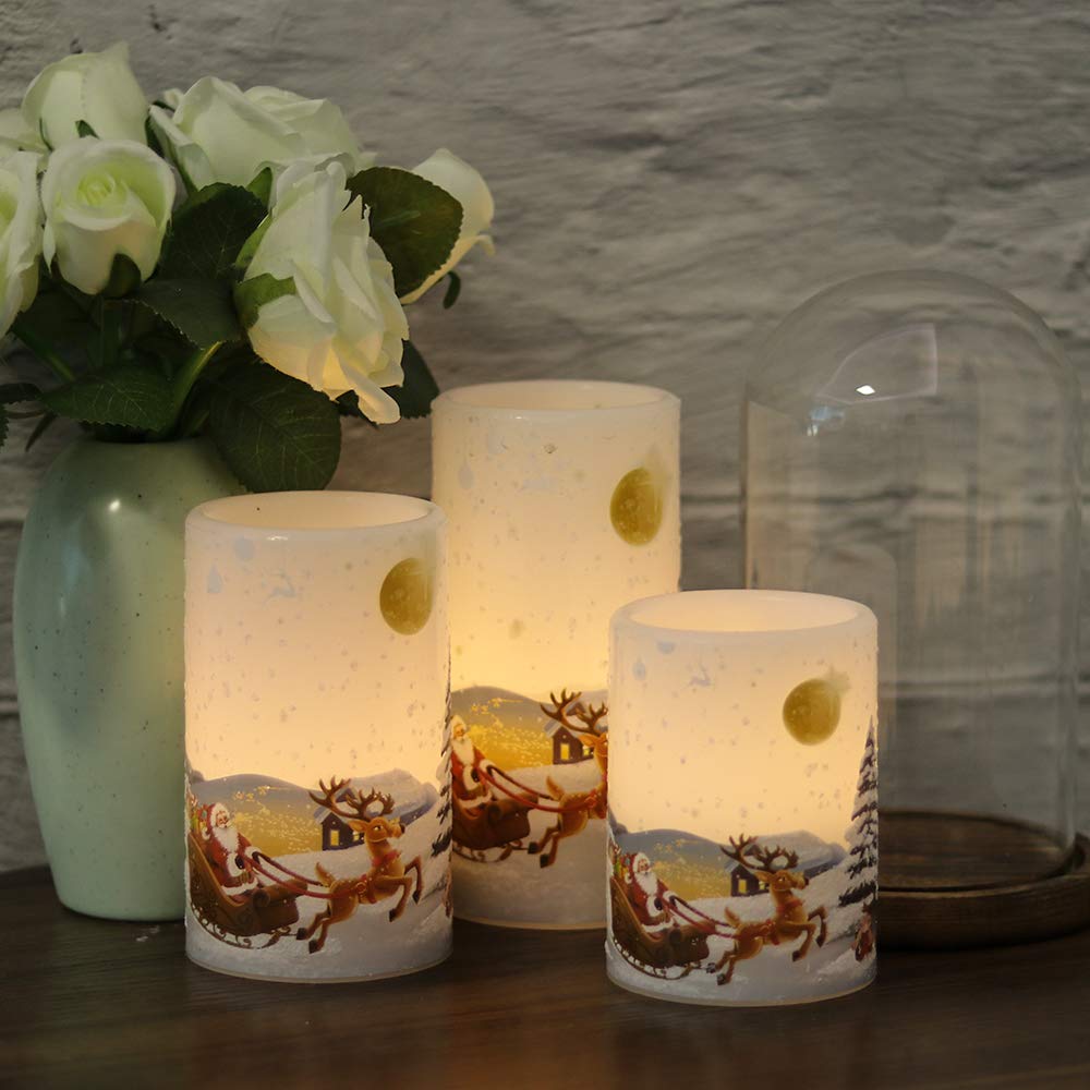 Genswin Christmas Santa Clause Flameless Candles Flickering Battery Operated With Timer, Real Wax Led Pillar Candles Warm Light,