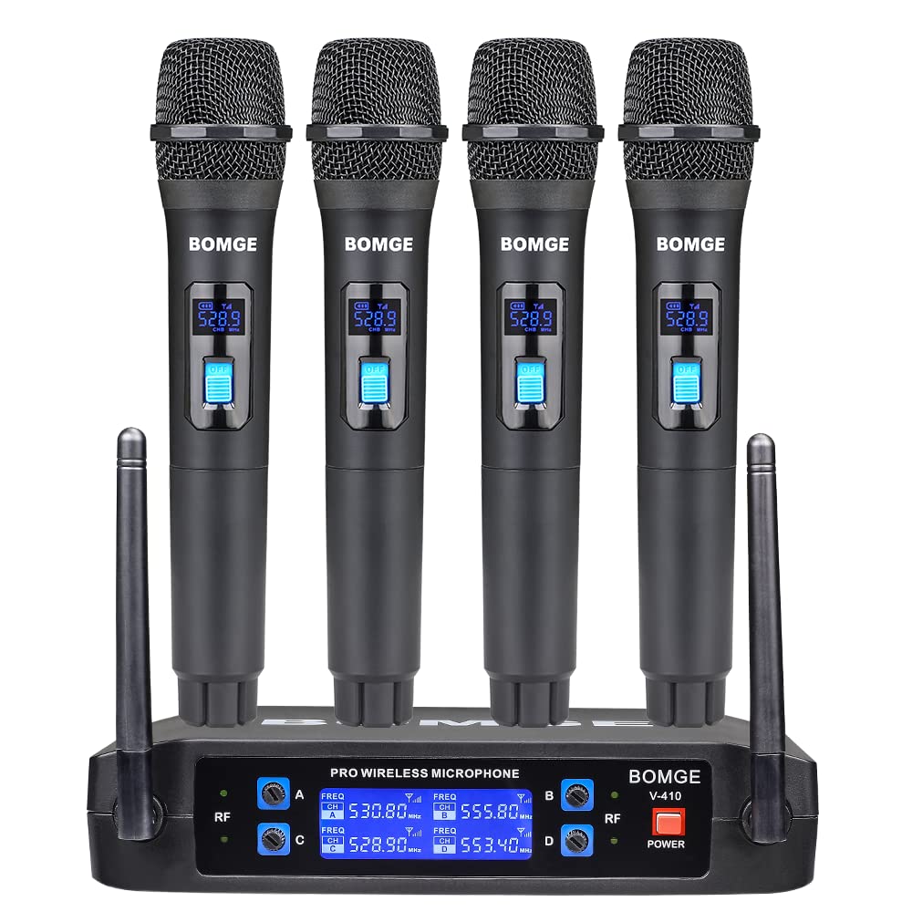 Wireless Microphone System, Bomge Pro 4 Channel Cordless Mic Set With Four Handheld Mics, Fixed Frequency, Long Range 200Ft, Ide