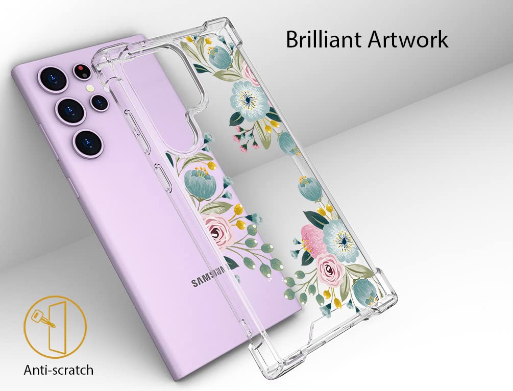 Topgraph Case Cute Flower Floral Clear For Women Girly Designer Girls For Galaxy S23 Ultra, Transparent Phone Case Flower Design
