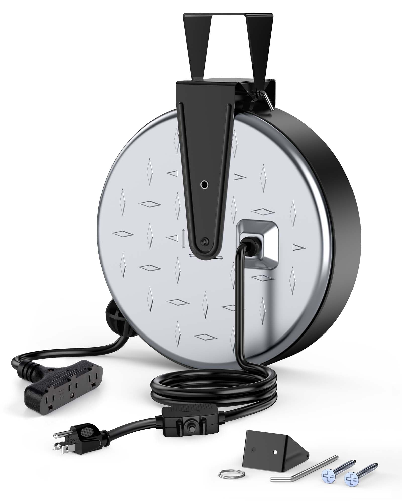 Dewenwils Metal Extension Cord Reel,30Ft Retractable Extension Cord, 16Awg/3C Sjtw Power Cord, 3 Electrical Outlets, 10A Circuit