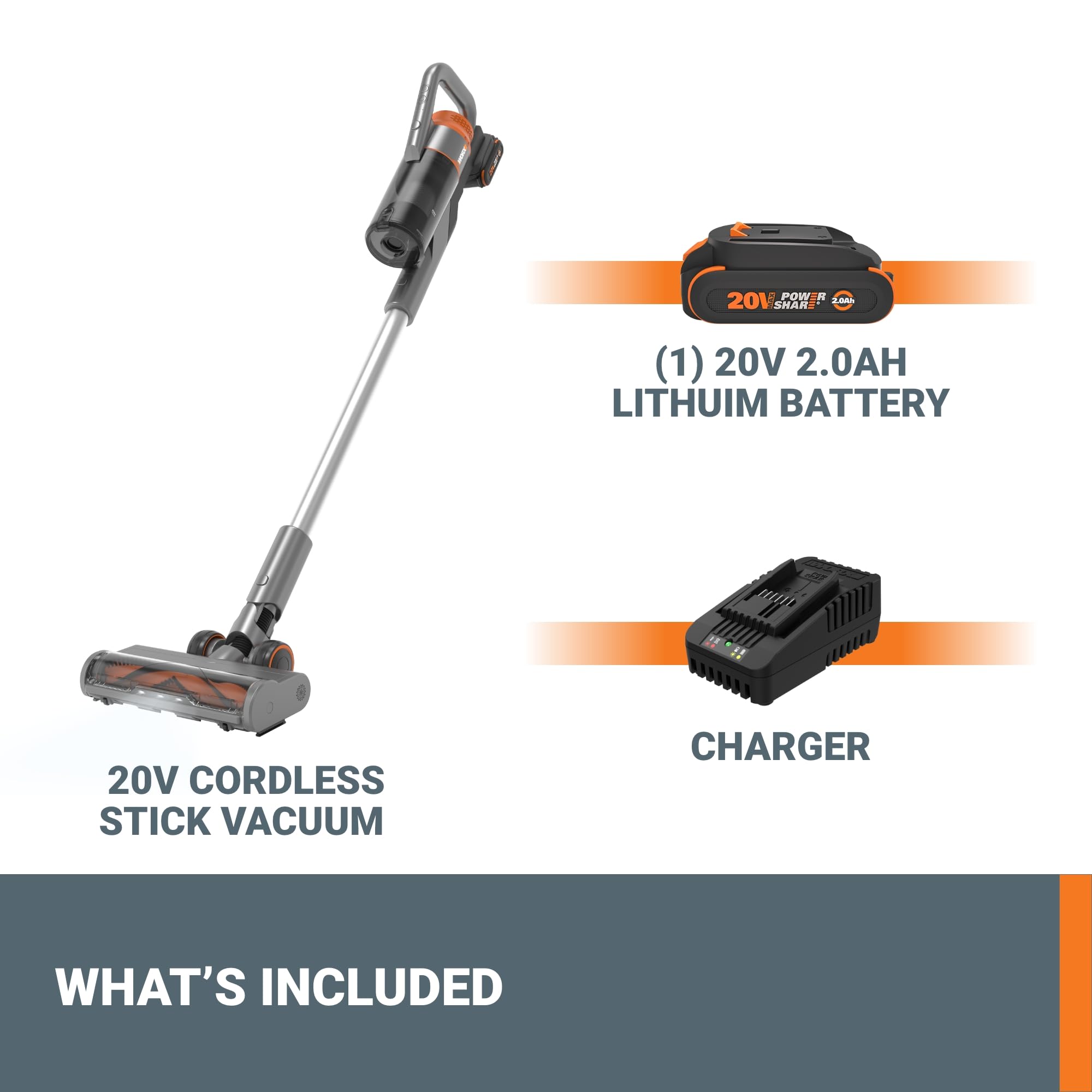 Worx 20V Cordless Stick Vacuum, Powerful Cordless Vacuum Cleaner 25Kpa High Suction For Pet Hair, Lightweight Handheld Vacuum Cl